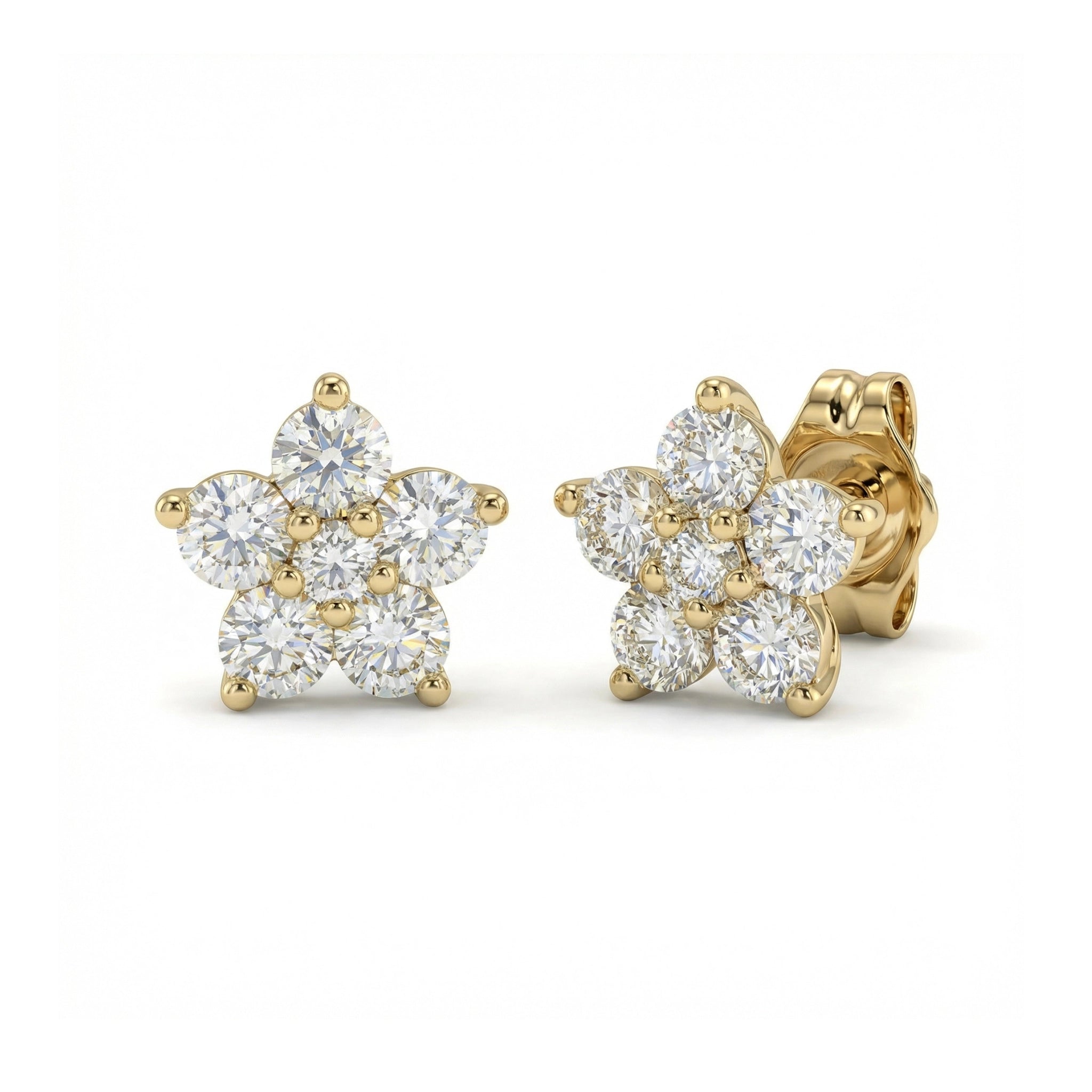 BeBling 14K Yellow Gold Diamond Flower Stud Earrings side view
