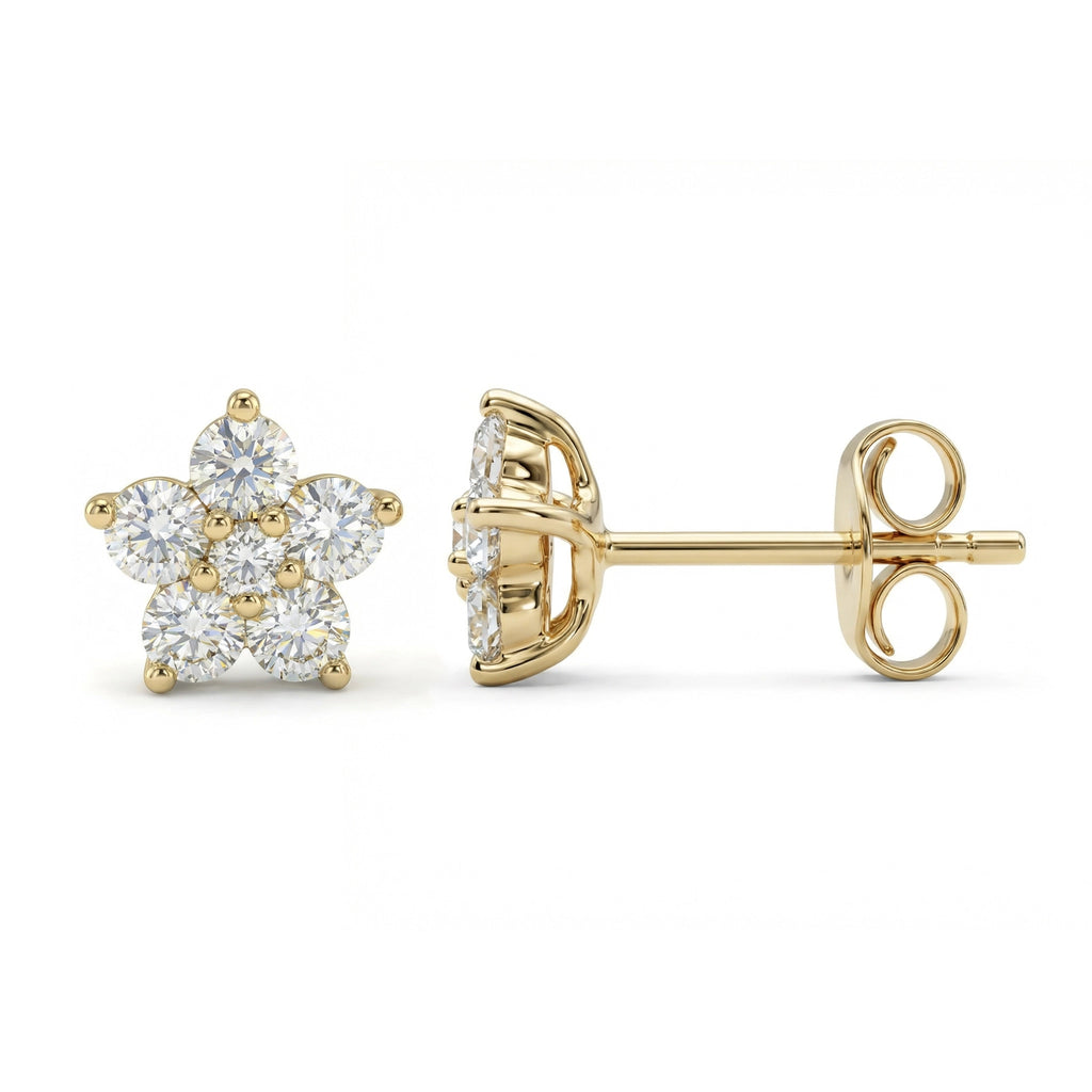 BeBling 14K Yellow Gold Diamond Flower Stud Earrings side view