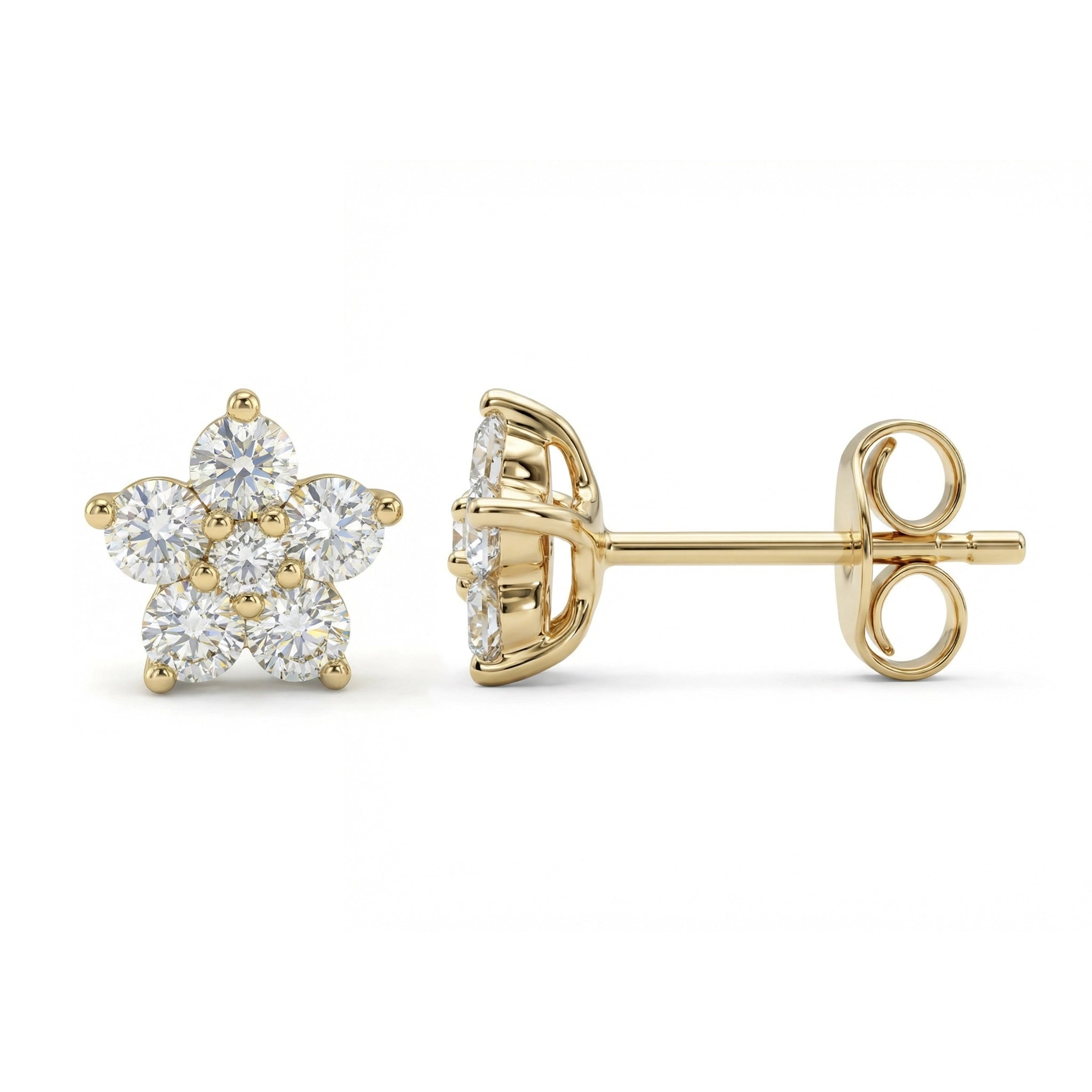 BeBling 14K Yellow Gold Diamond Flower Stud Earrings side view
