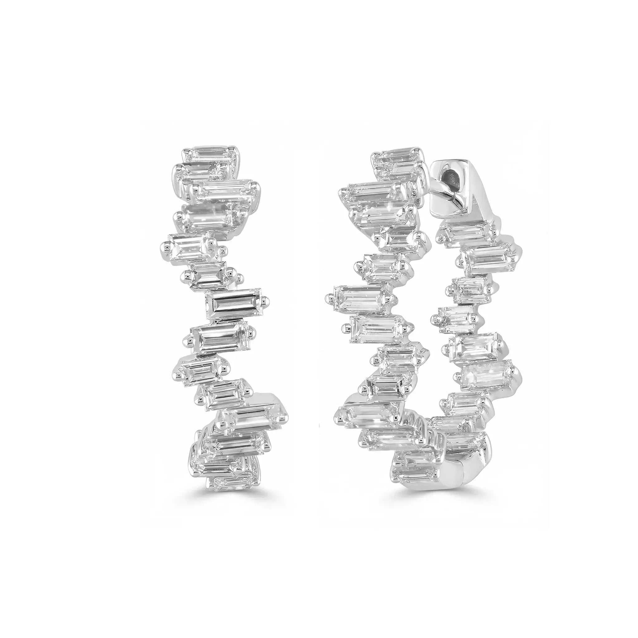 14K Yellow Gold Baguette Cut Diamond Inside-Out Hoop Earrings - white gold