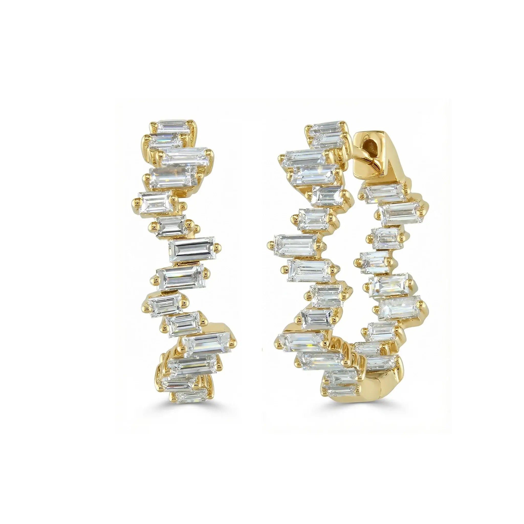 14K Yellow Gold Baguette Cut Diamond Inside-Out Hoop Earrings