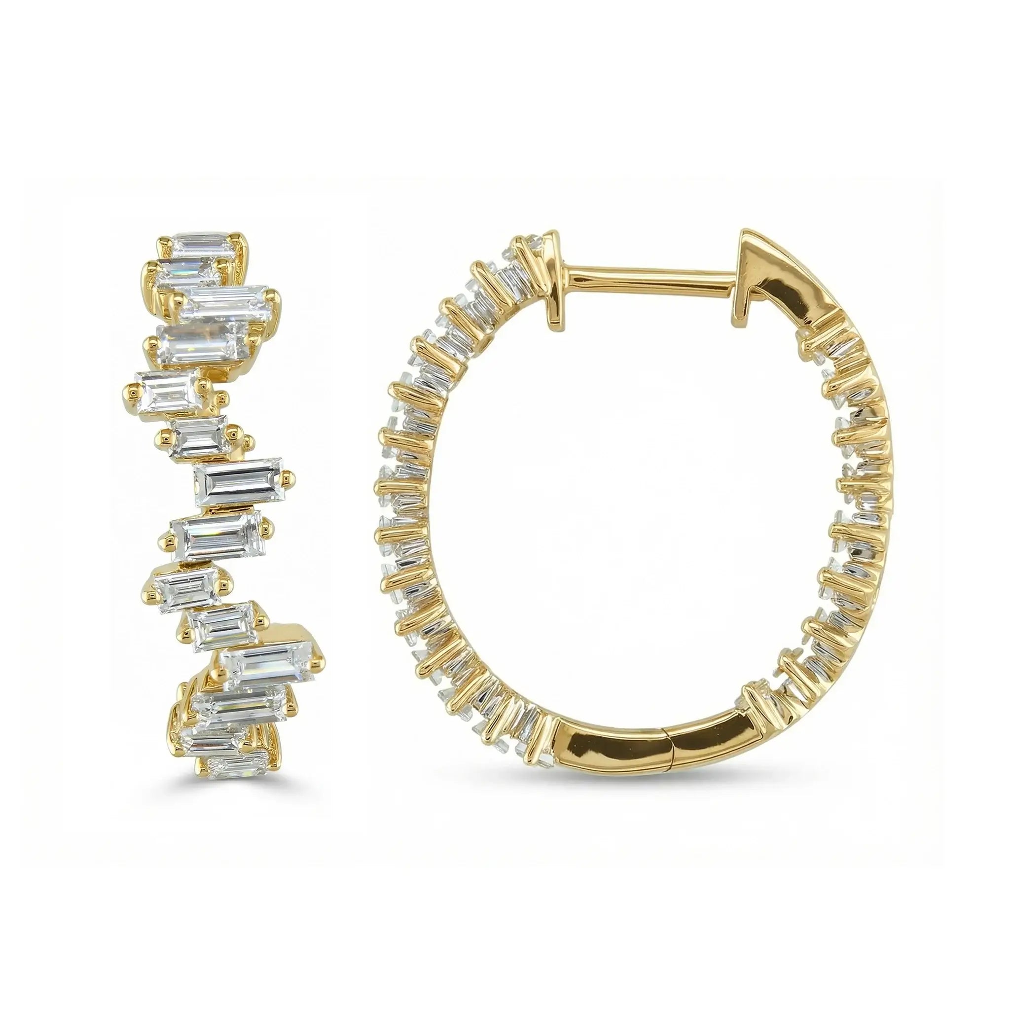 14K Yellow Gold Baguette Cut Diamond Inside-Out Hoop Earrings