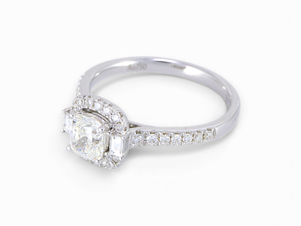 18K White Gold Cushion Baguette Cut Diamond Engagement Ring