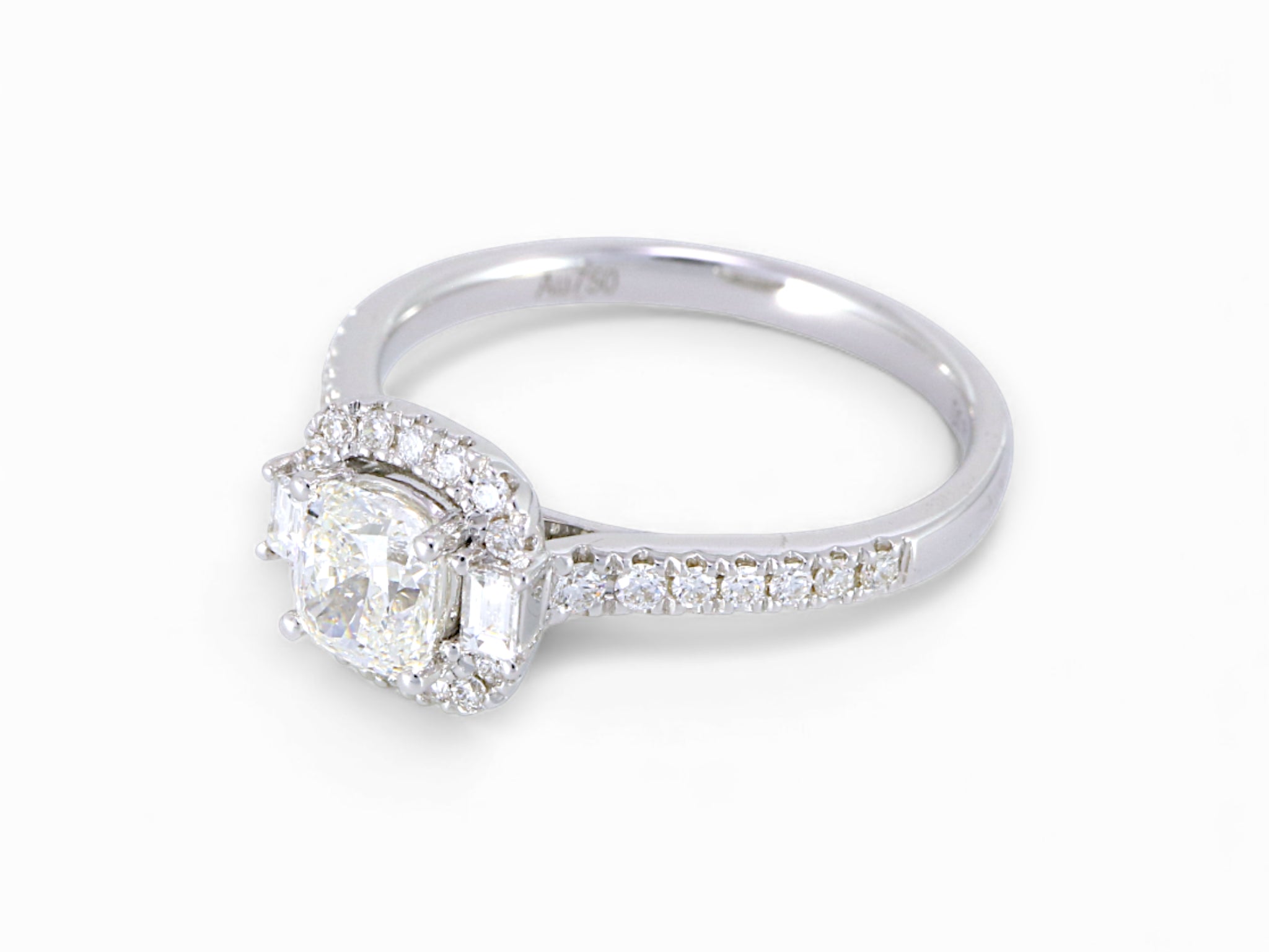 18K White Gold Cushion Baguette Cut Diamond Engagement Ring