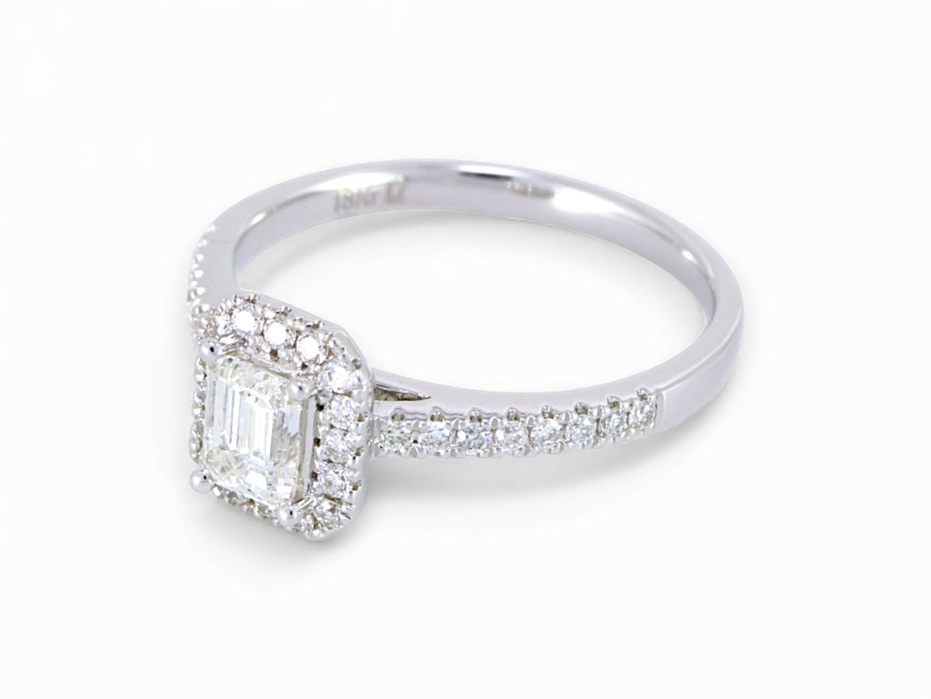 18K White Gold Baguette Cut Diamond Halo Engagement Ring