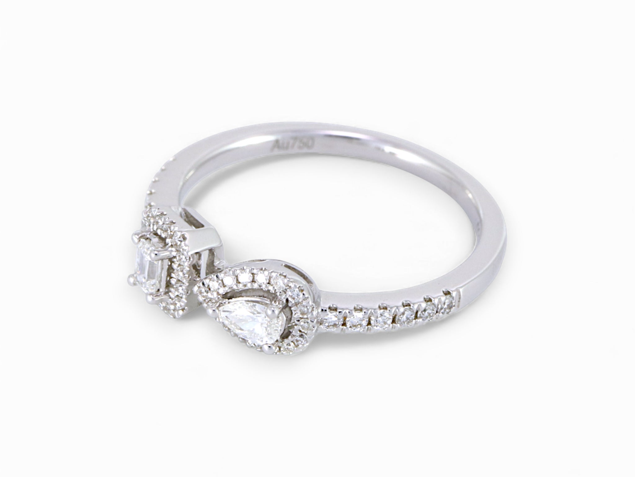 18K White Gold Baguette Pear Cut Diamond Halo Ring