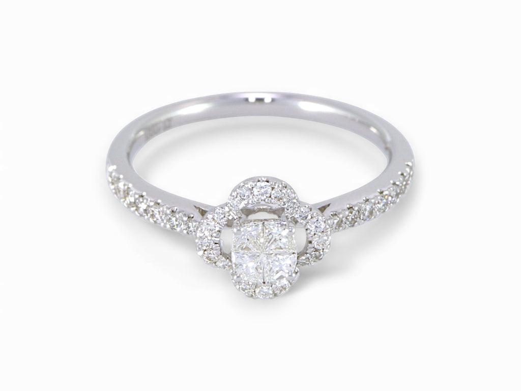 18K White Gold Princess Cut Diamond Clover Ring