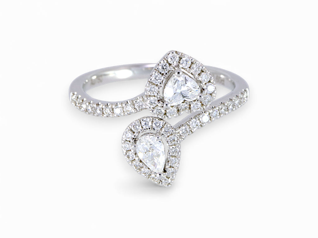 18K White Gold 2 Stone Heart and Pear Cut Diamond Ring