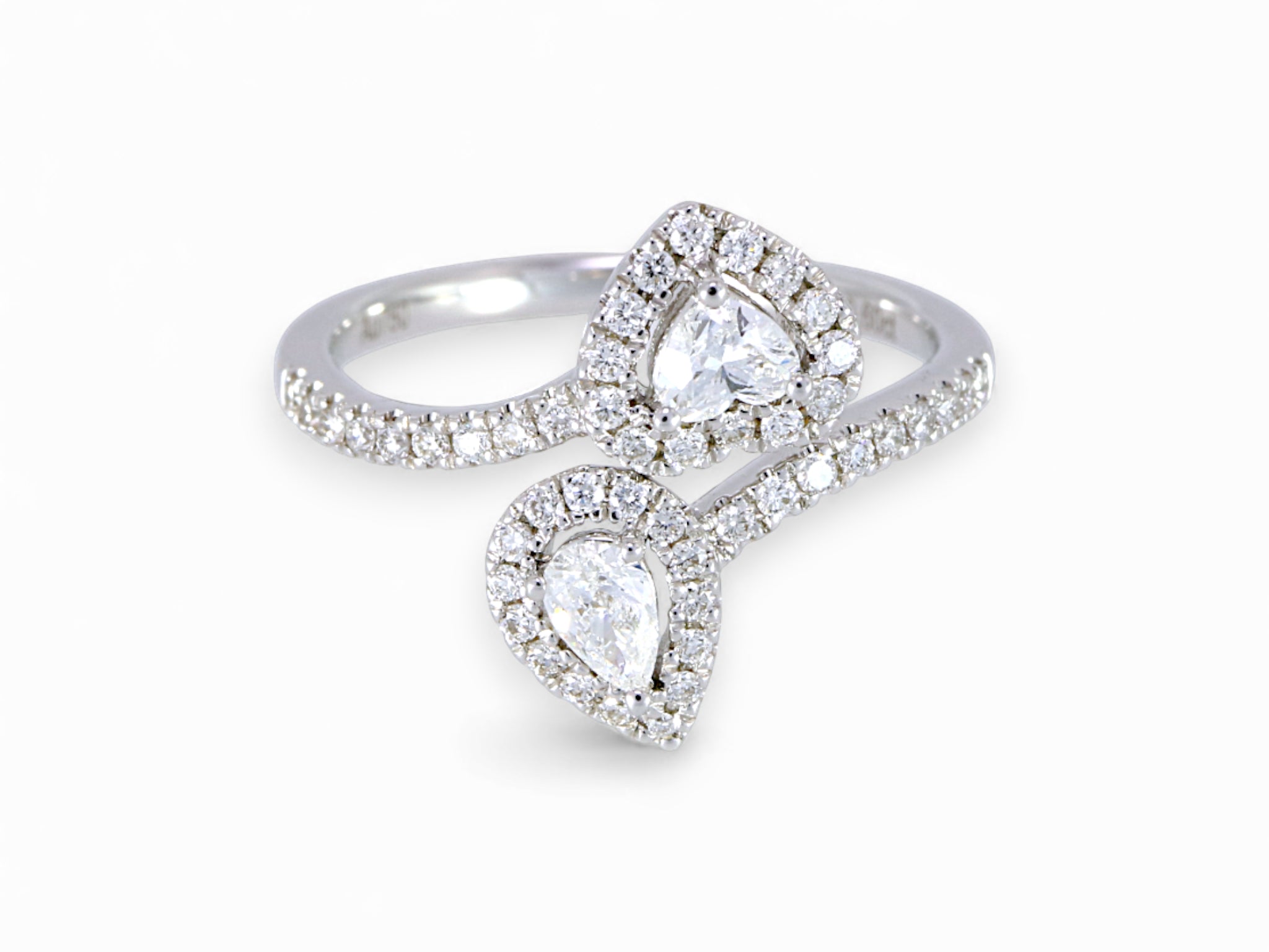 18K White Gold 2 Stone Heart and Pear Cut Diamond Ring