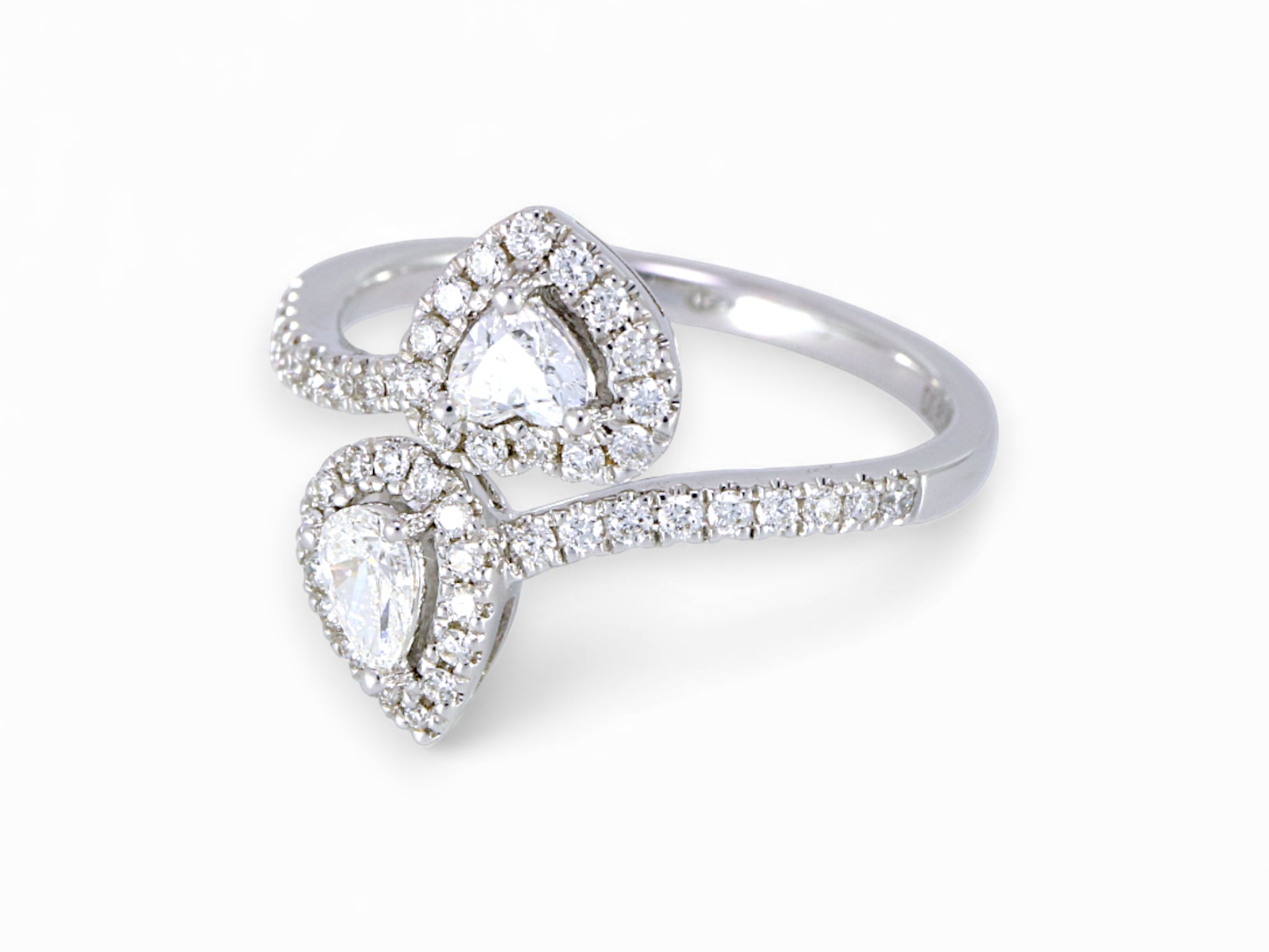 18K White Gold 2 Stone Heart and Pear Cut Diamond Ring