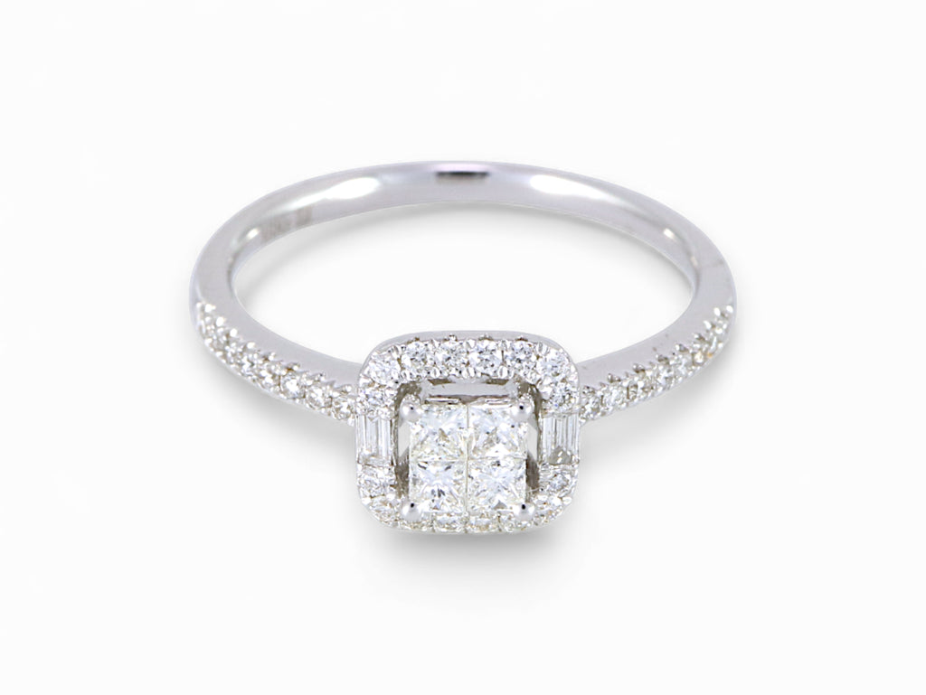 18K White Gold Princess and Baguette Cut Diamond Engagement Ring