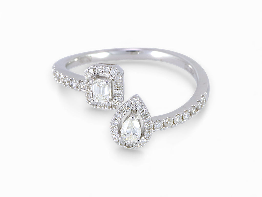 18K White Gold Pear and Baguette Cut Diamond Halo Ring