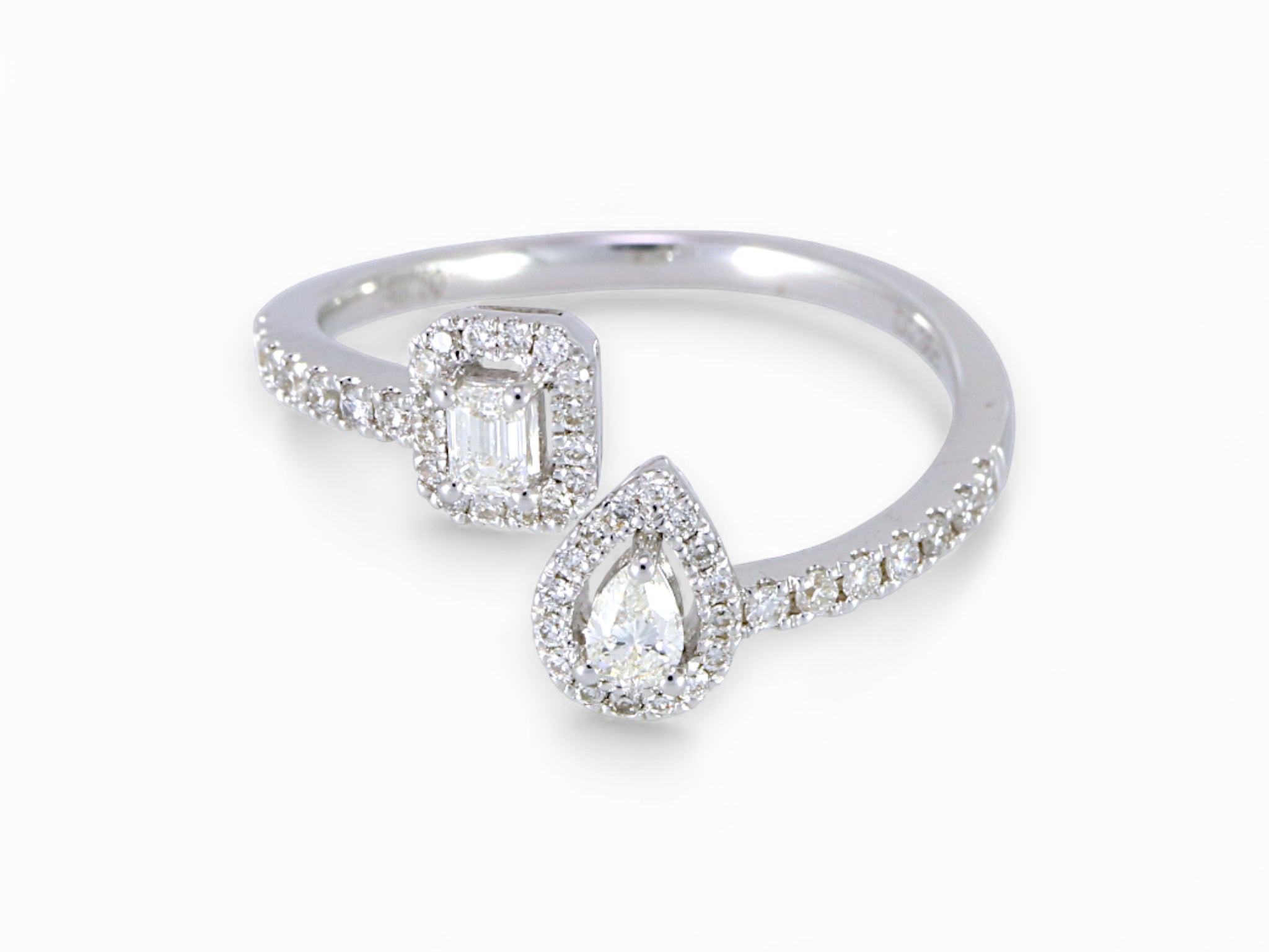 18K White Gold Pear and Baguette Cut Diamond Halo Ring