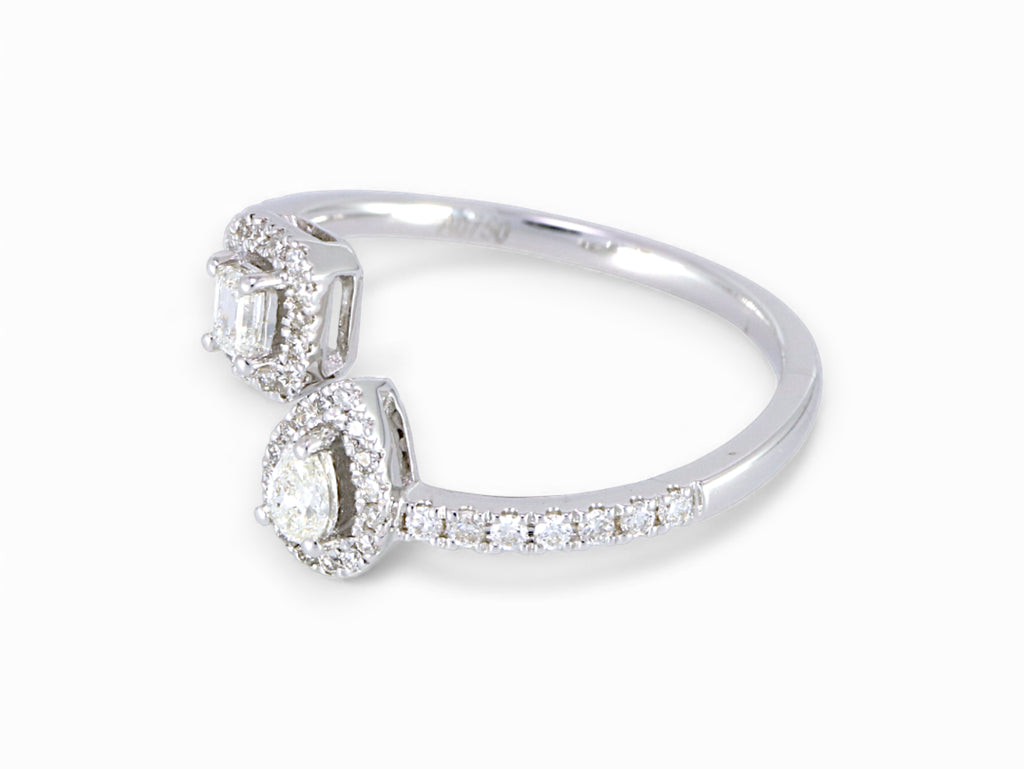 18K White Gold Pear and Baguette Cut Diamond Halo Ring