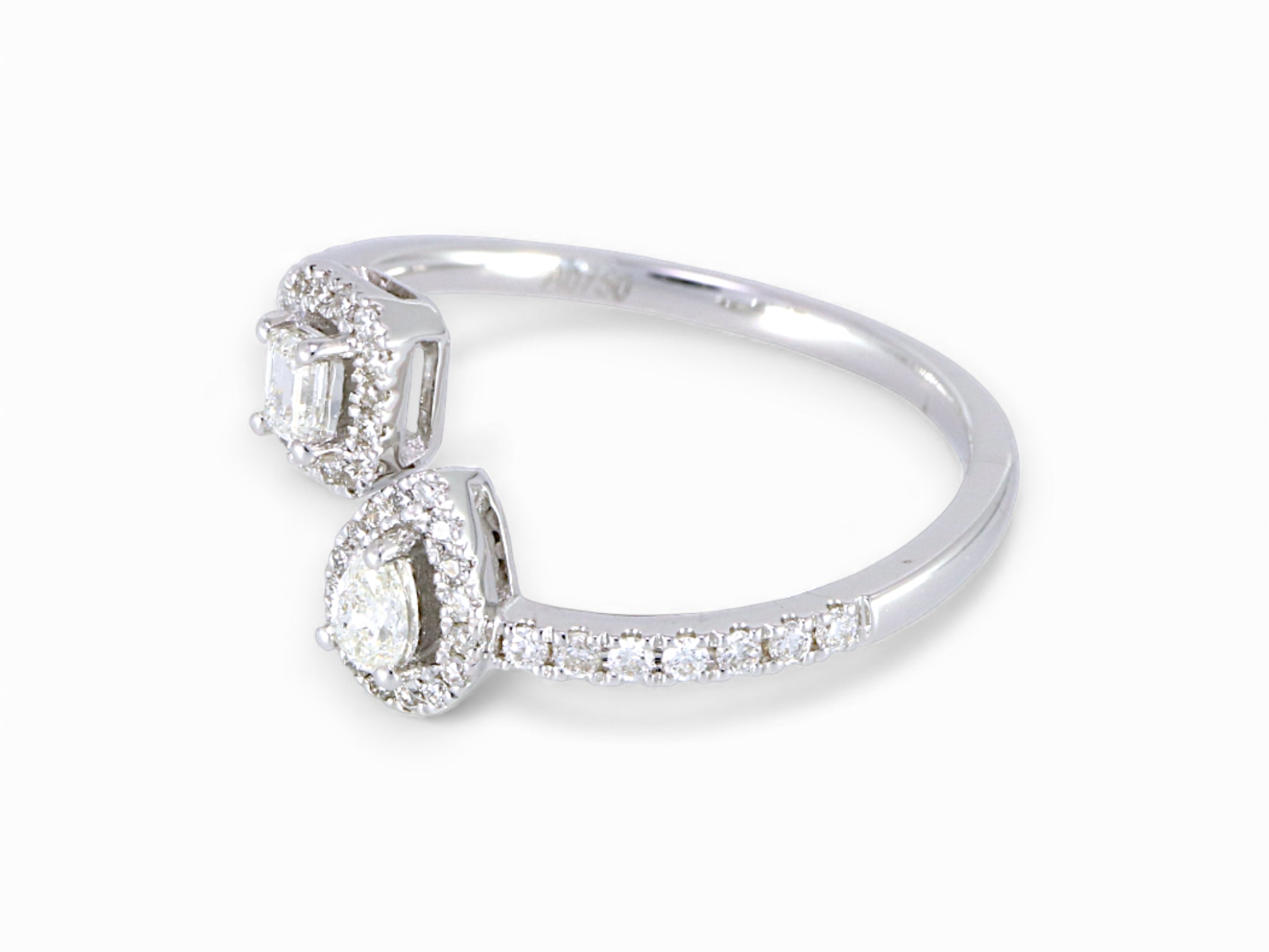 18K White Gold Pear and Baguette Cut Diamond Halo Ring