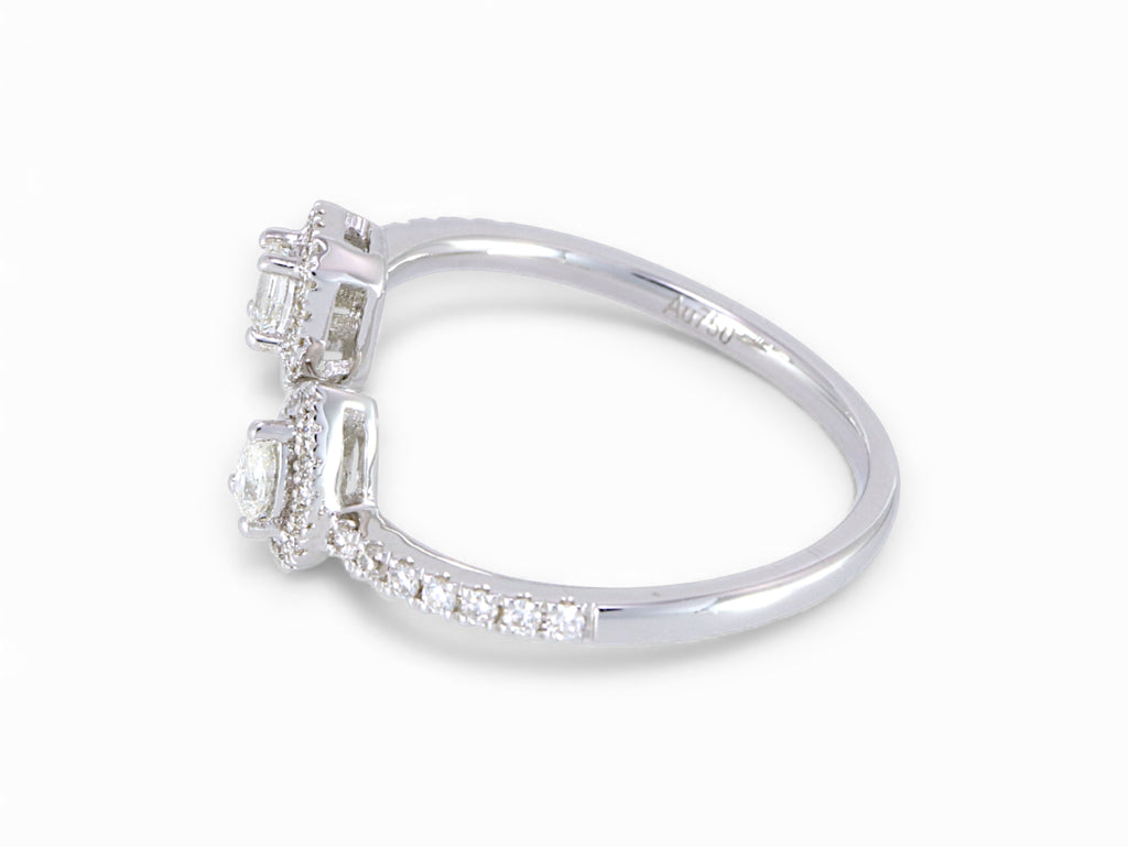 18K White Gold Pear and Baguette Cut Diamond Halo Ring