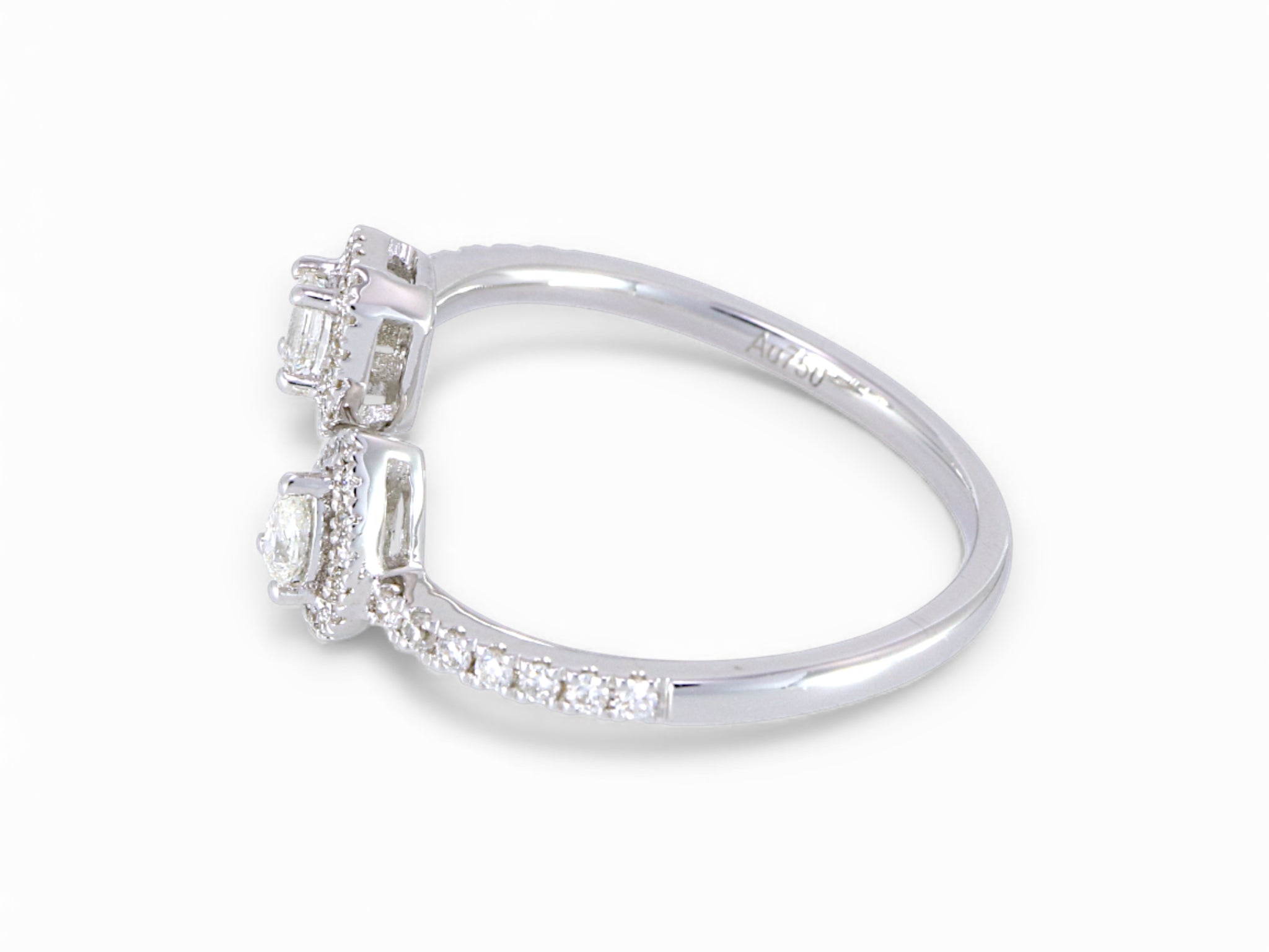 18K White Gold Pear and Baguette Cut Diamond Halo Ring