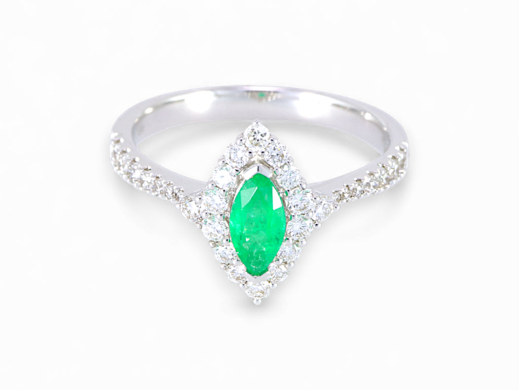 18K White Gold Marquise Cut Emerald Diamond Ring