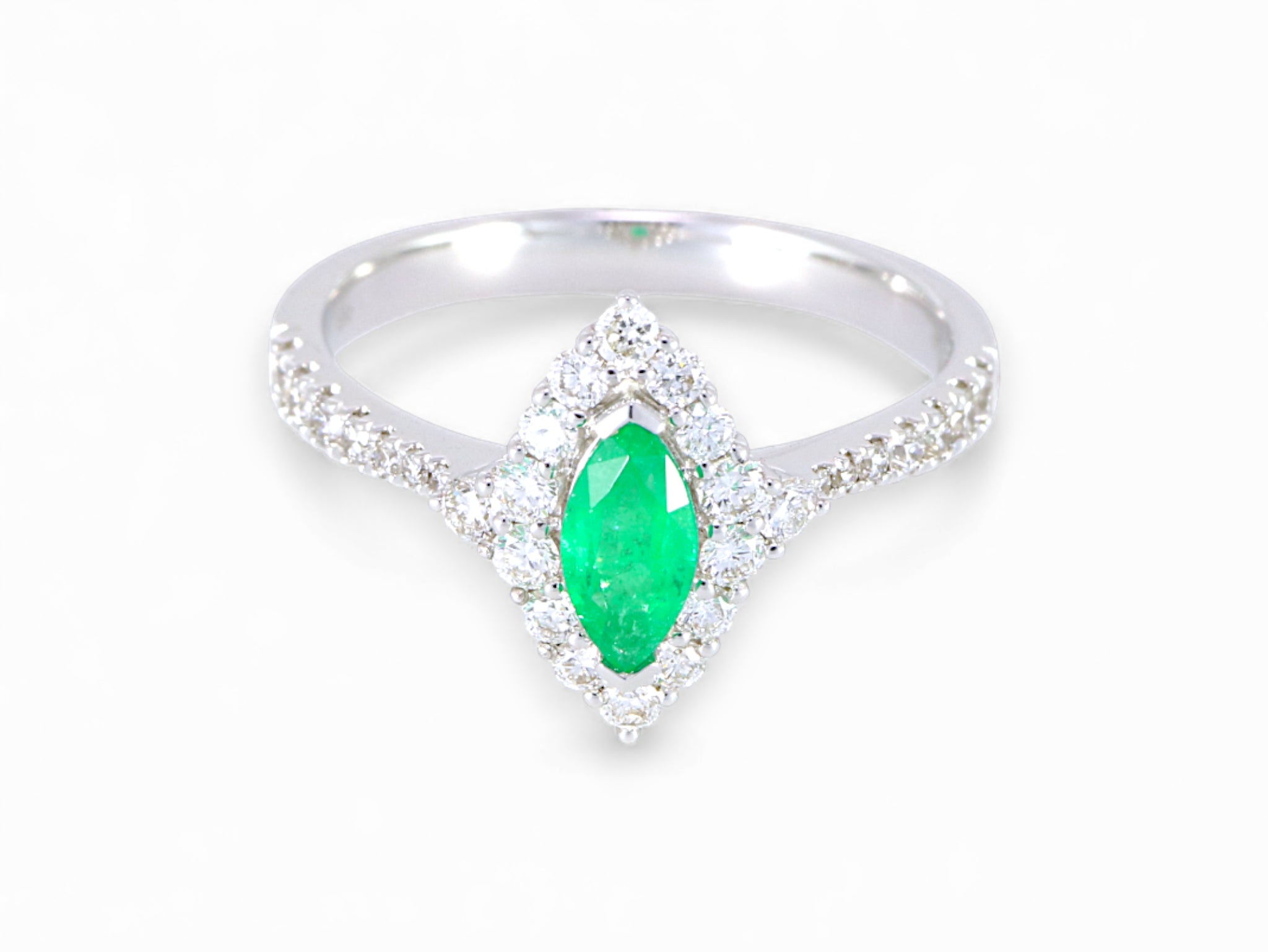 18K White Gold Marquise Cut Emerald Diamond Ring