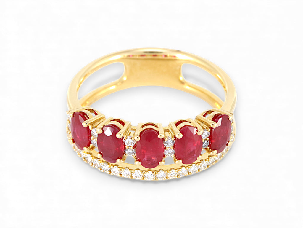 14K Yellow Gold 5 Stone Oval Ruby Diamond Ring