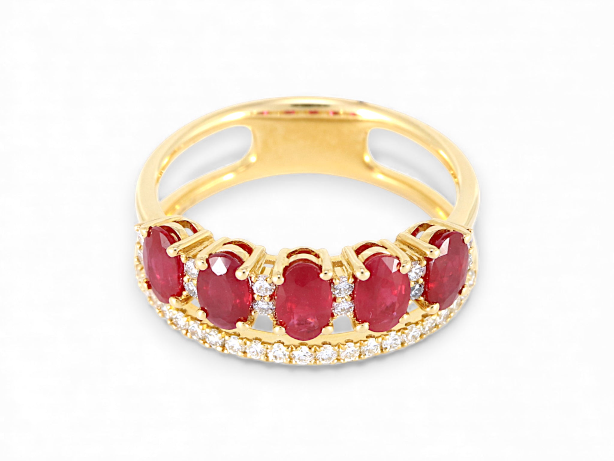 14K Yellow Gold 5 Stone Oval Ruby Diamond Ring
