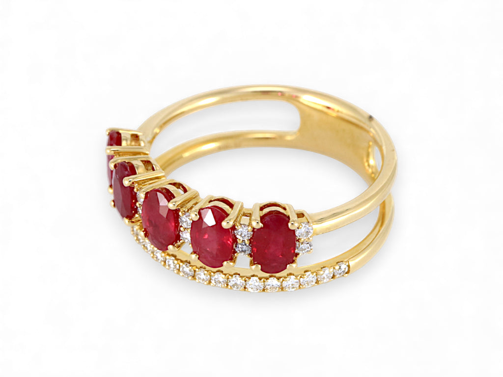 14K Yellow Gold 5 Stone Oval Ruby Diamond Ring