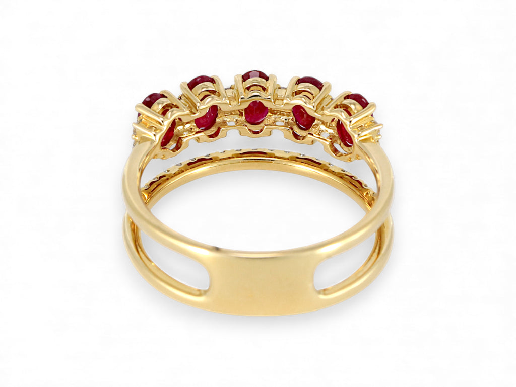 14K Yellow Gold 5 Stone Oval Ruby Diamond Ring