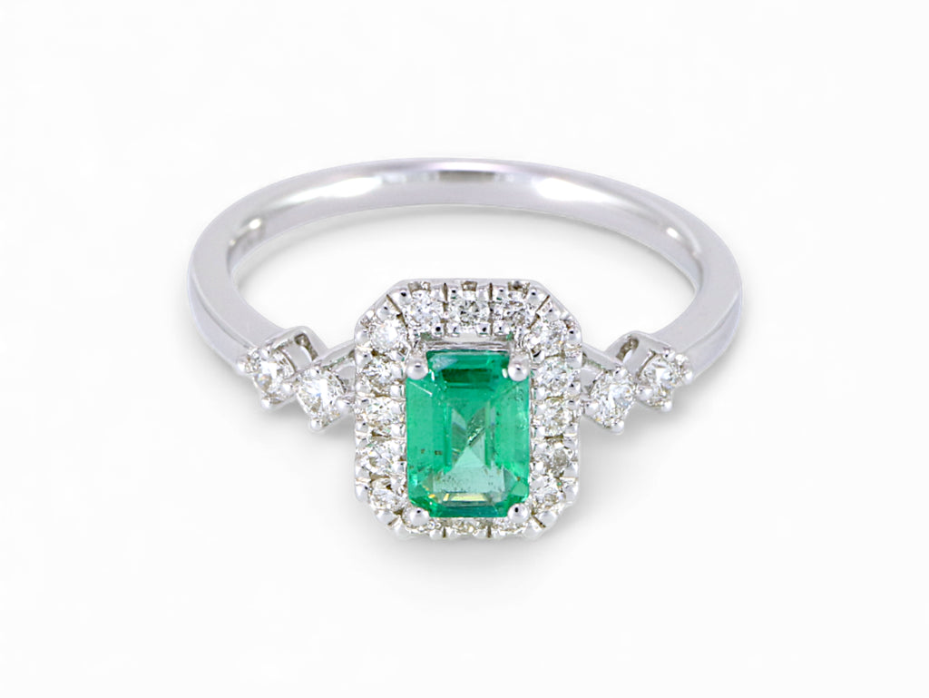 14K White Gold Baguette Cut Emerald Diamond Halo Ring