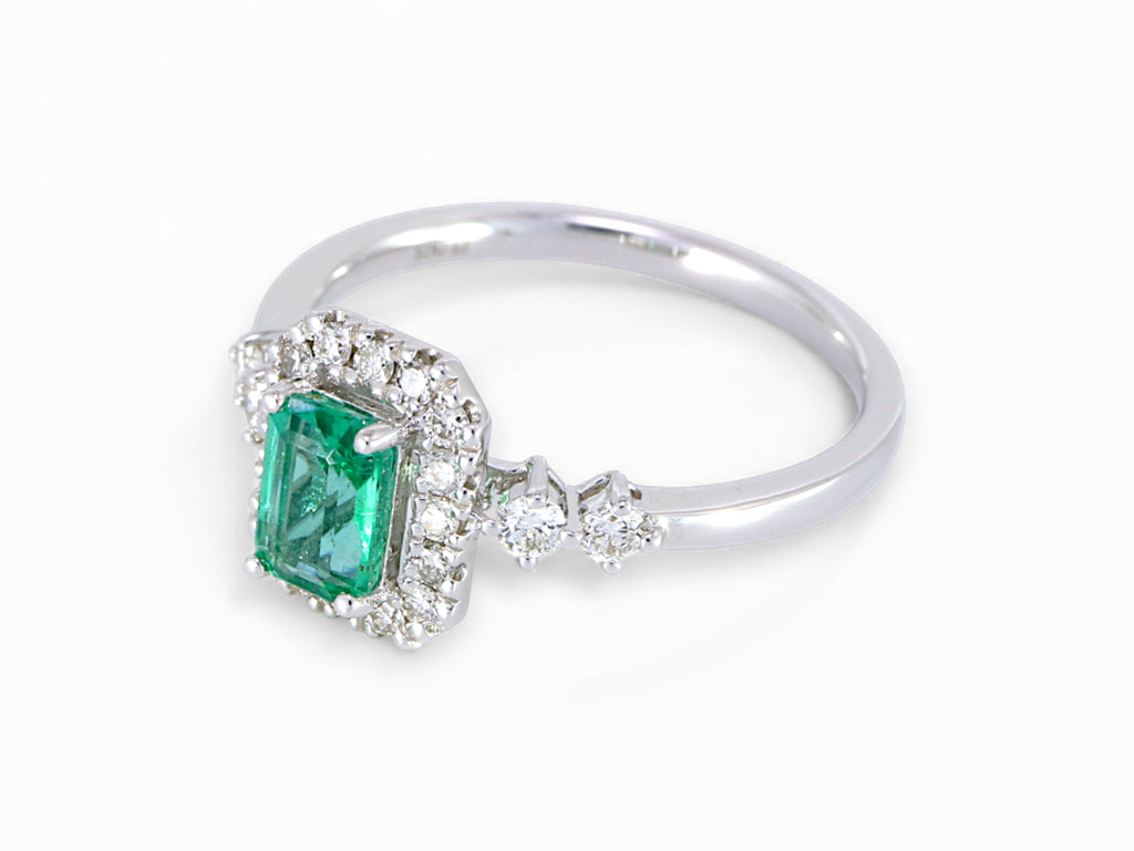 14K White Gold Baguette Cut Emerald Diamond Halo Ring