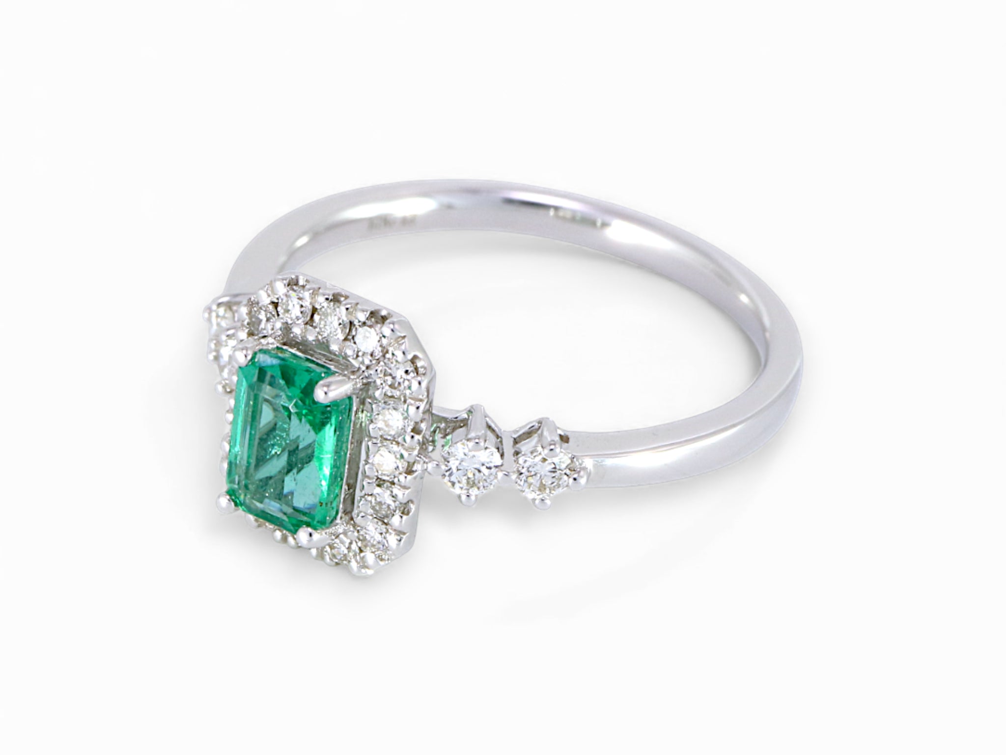 14K White Gold Baguette Cut Emerald Diamond Halo Ring