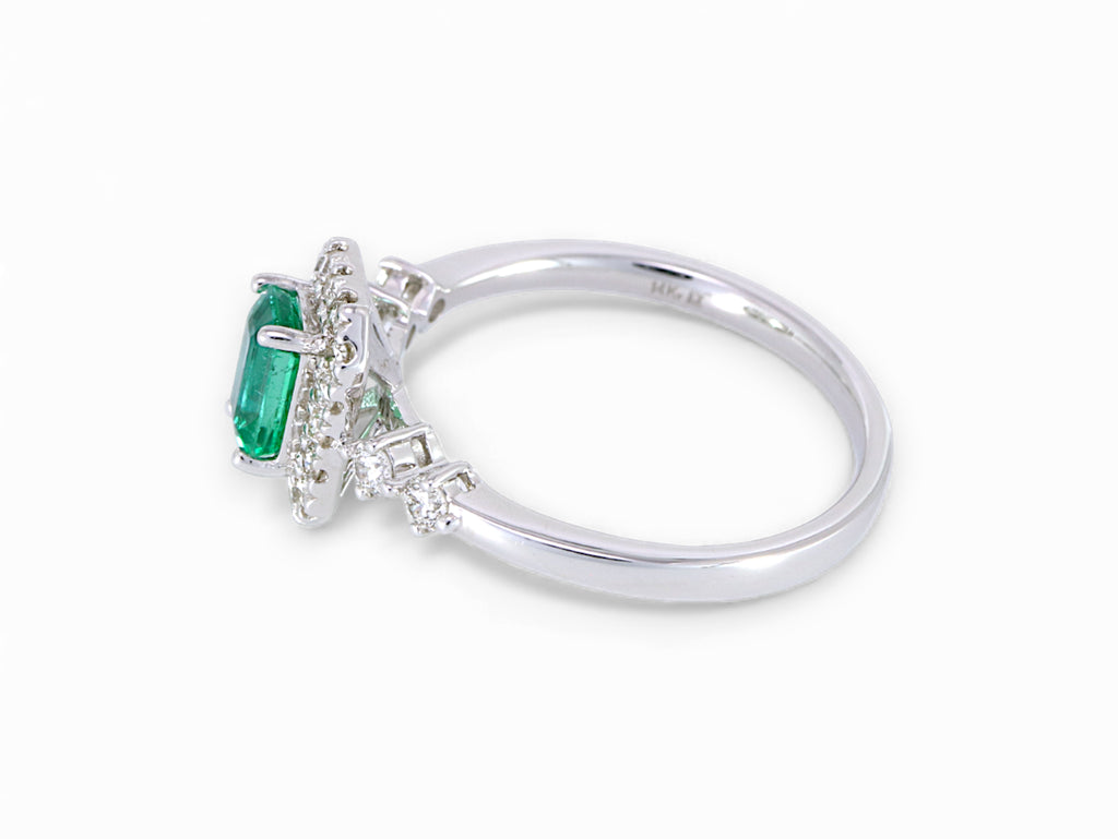 14K White Gold Baguette Cut Emerald Diamond Halo Ring