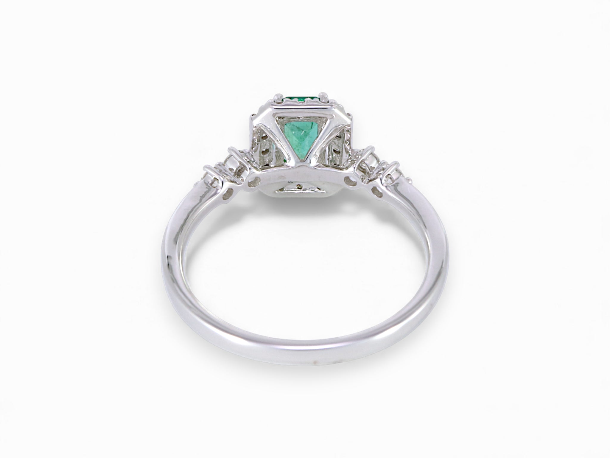 14K White Gold Baguette Cut Emerald Diamond Halo Ring