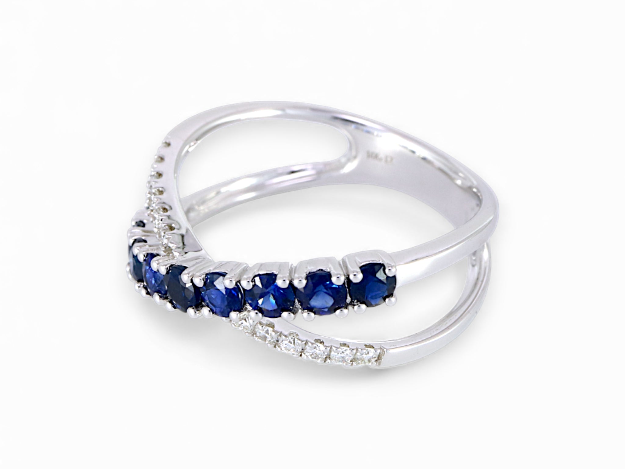 14K White Gold Round Sapphire Diamond Crisscross Ring