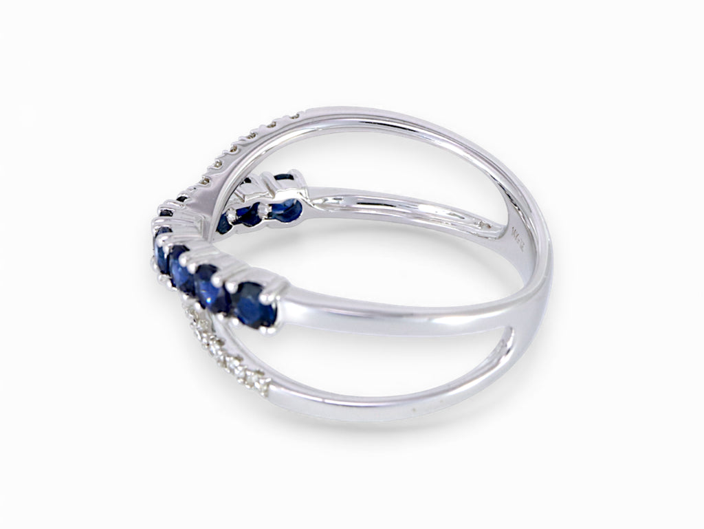 14K White Gold Round Sapphire Diamond Crisscross Ring