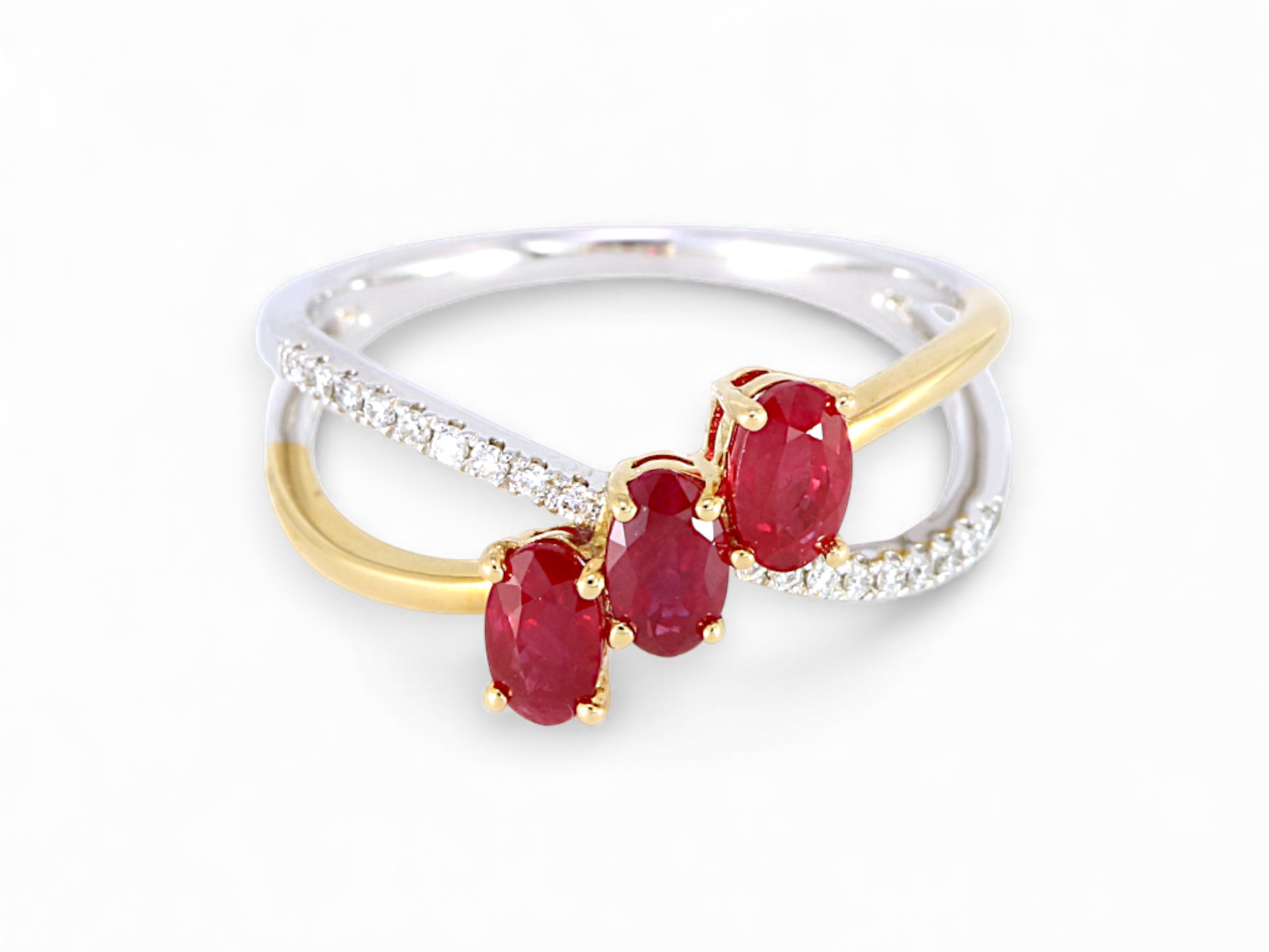 14K White and Yellow Gold Oval Cut Ruby and Diamond Crisscross Ring