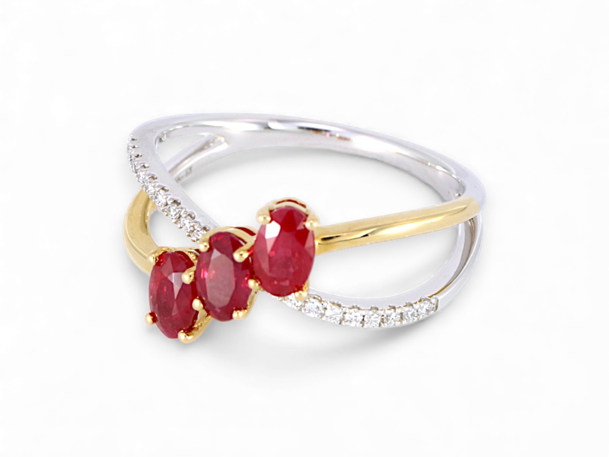 14K White and Yellow Gold Oval Cut Ruby and Diamond Crisscross Ring