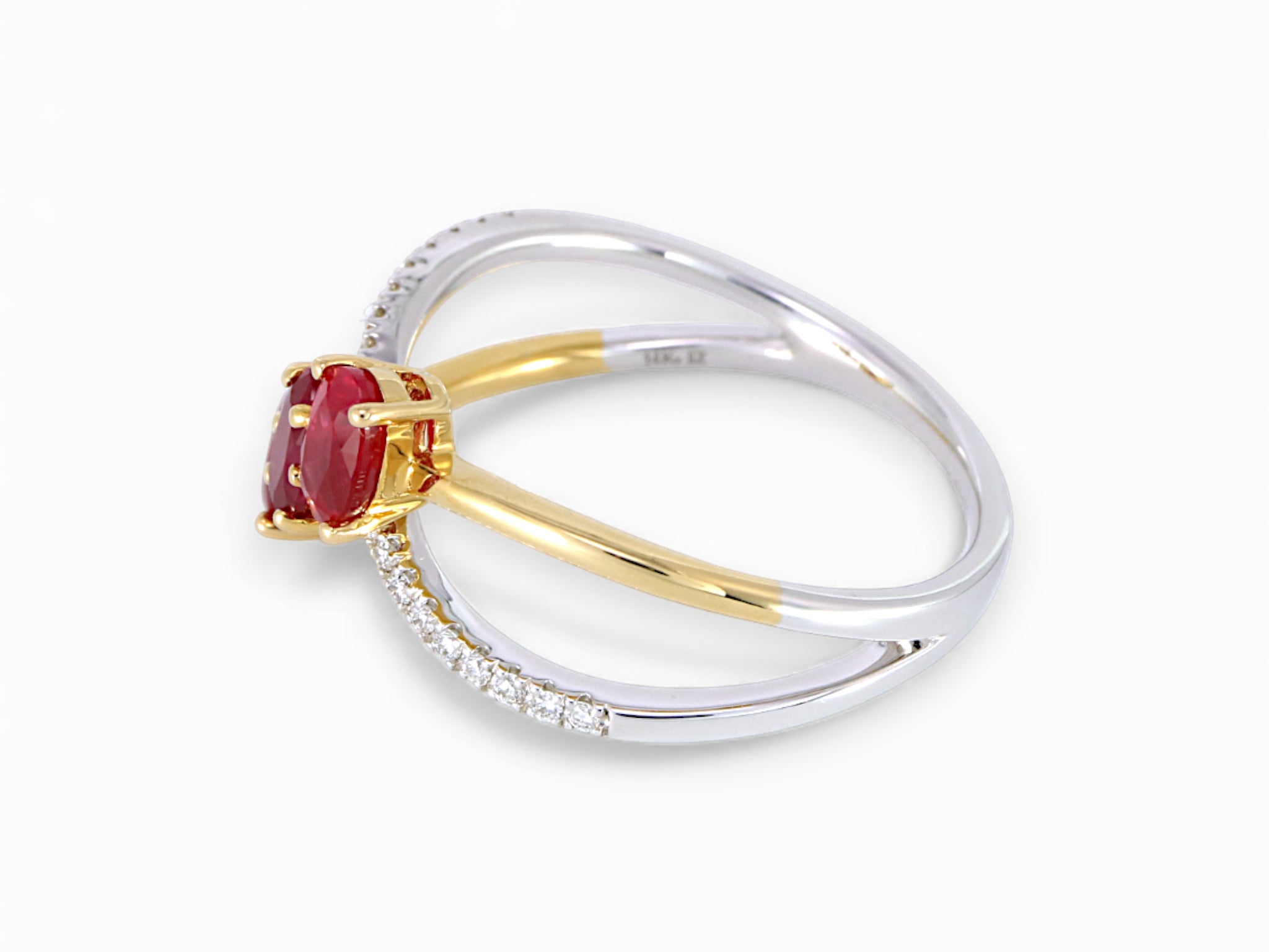 14K White and Yellow Gold Oval Cut Ruby and Diamond Crisscross Ring