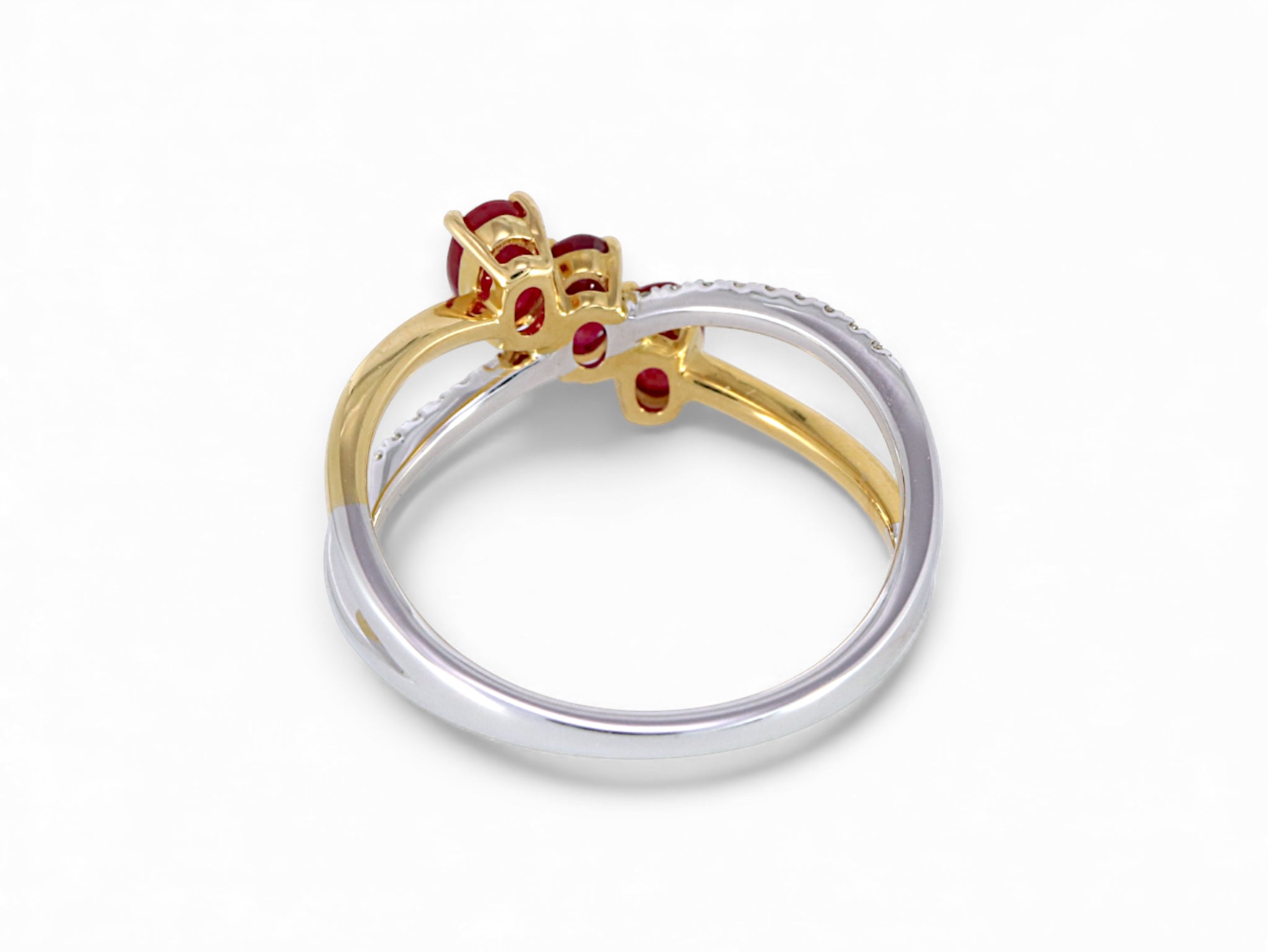 14K White and Yellow Gold Oval Cut Ruby and Diamond Crisscross Ring