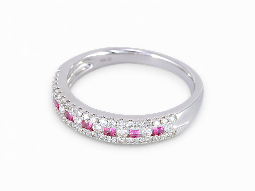 14K White Gold Round Ruby Diamond Wedding Band