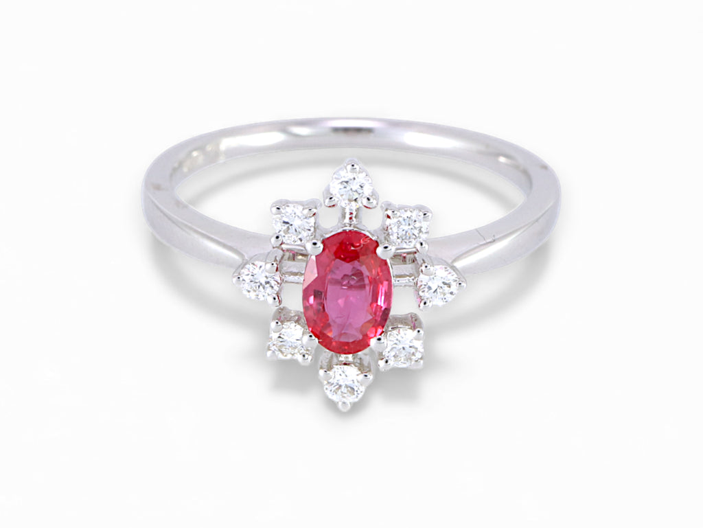 14K White Gold Oval Cut Ruby Diamond Halo Ring