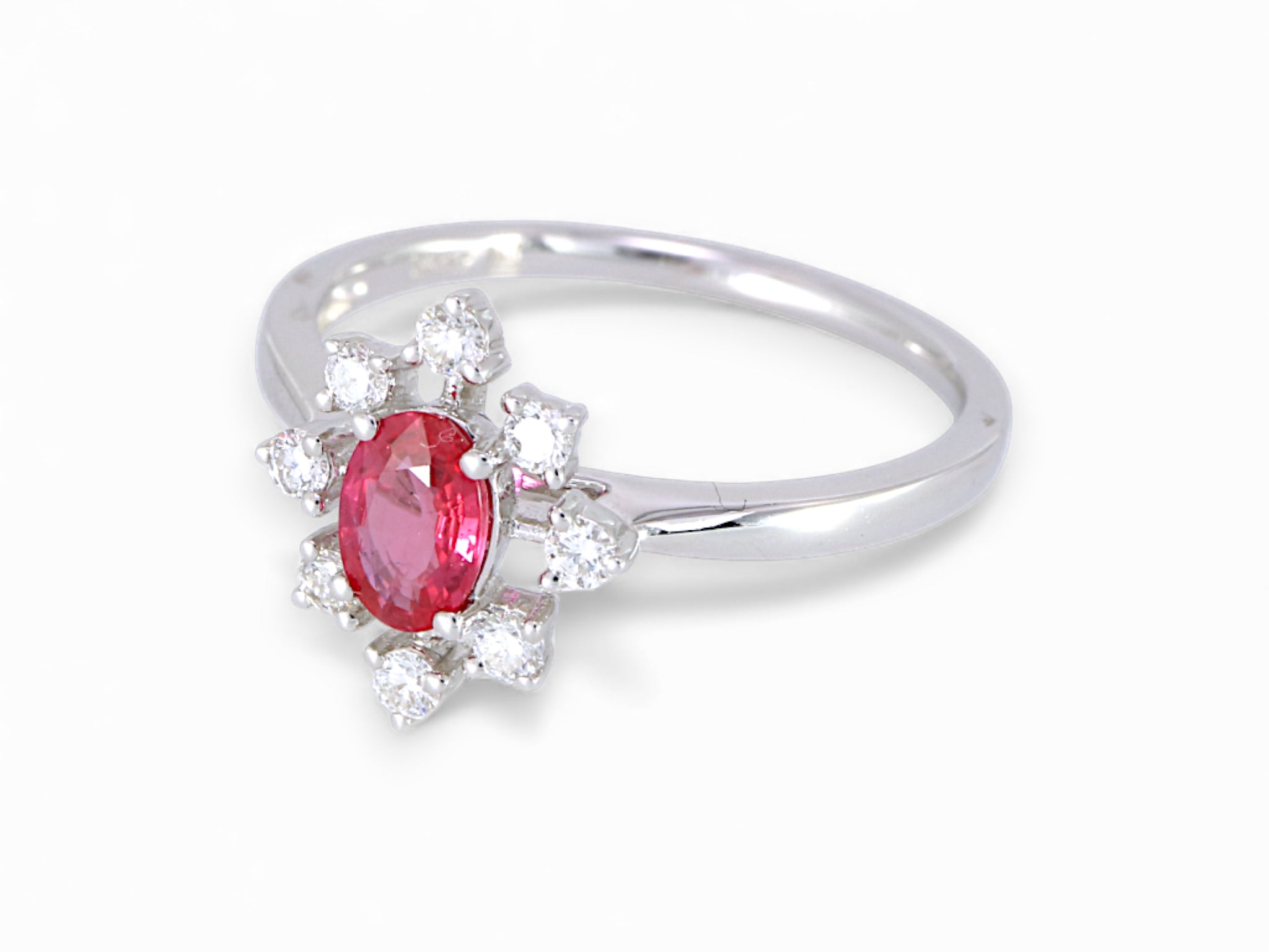 14K White Gold Oval Cut Ruby Diamond Halo Ring