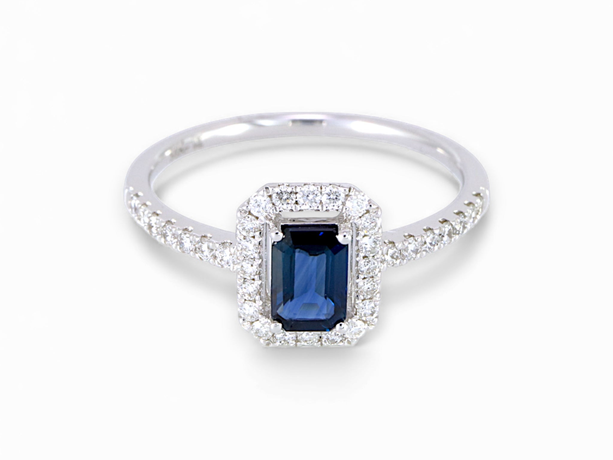 14K White Gold Baguette Cut Sapphire and Halo Diamond Engagement Ring