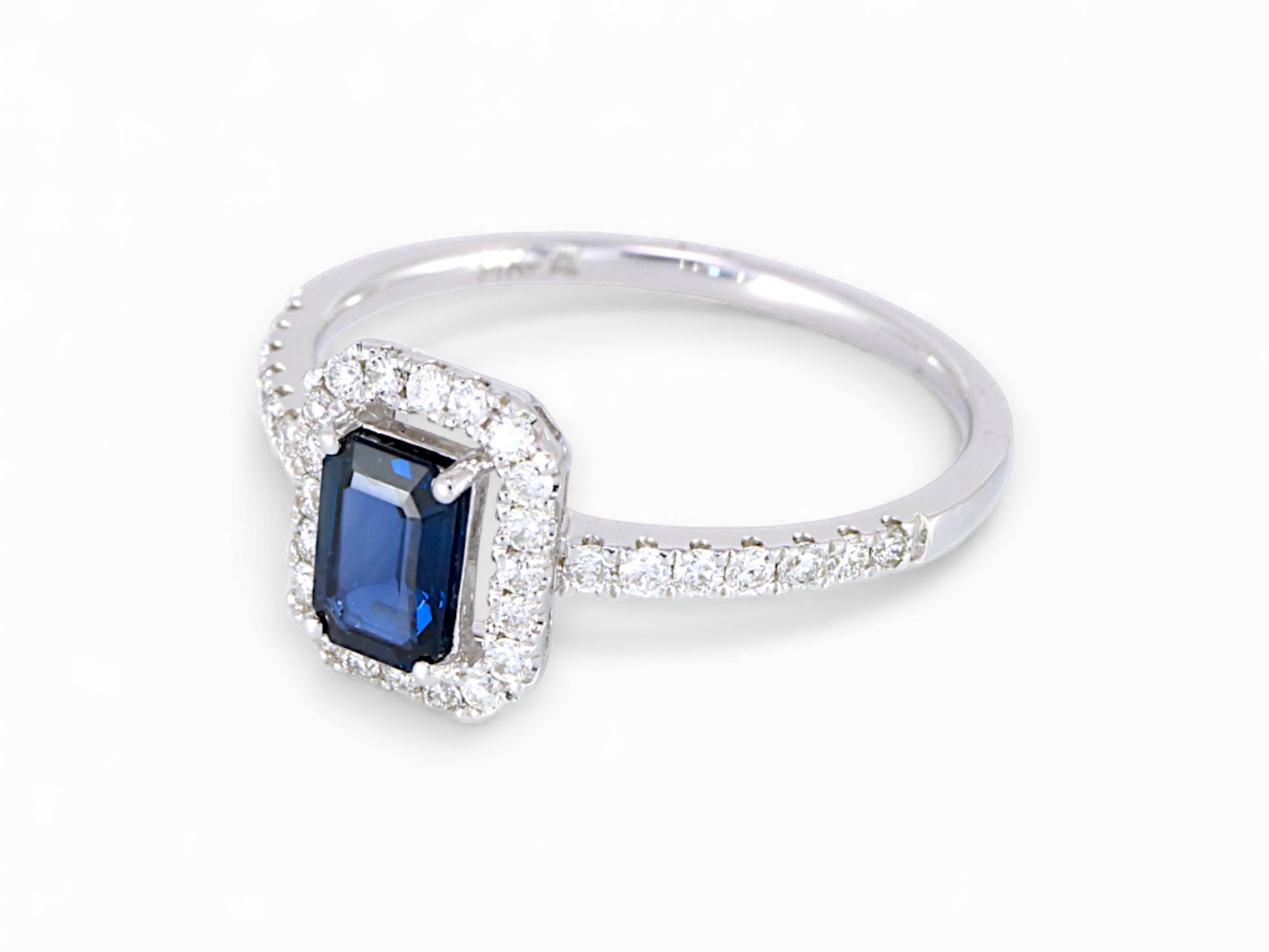14K White Gold Baguette Cut Sapphire and Halo Diamond Engagement Ring