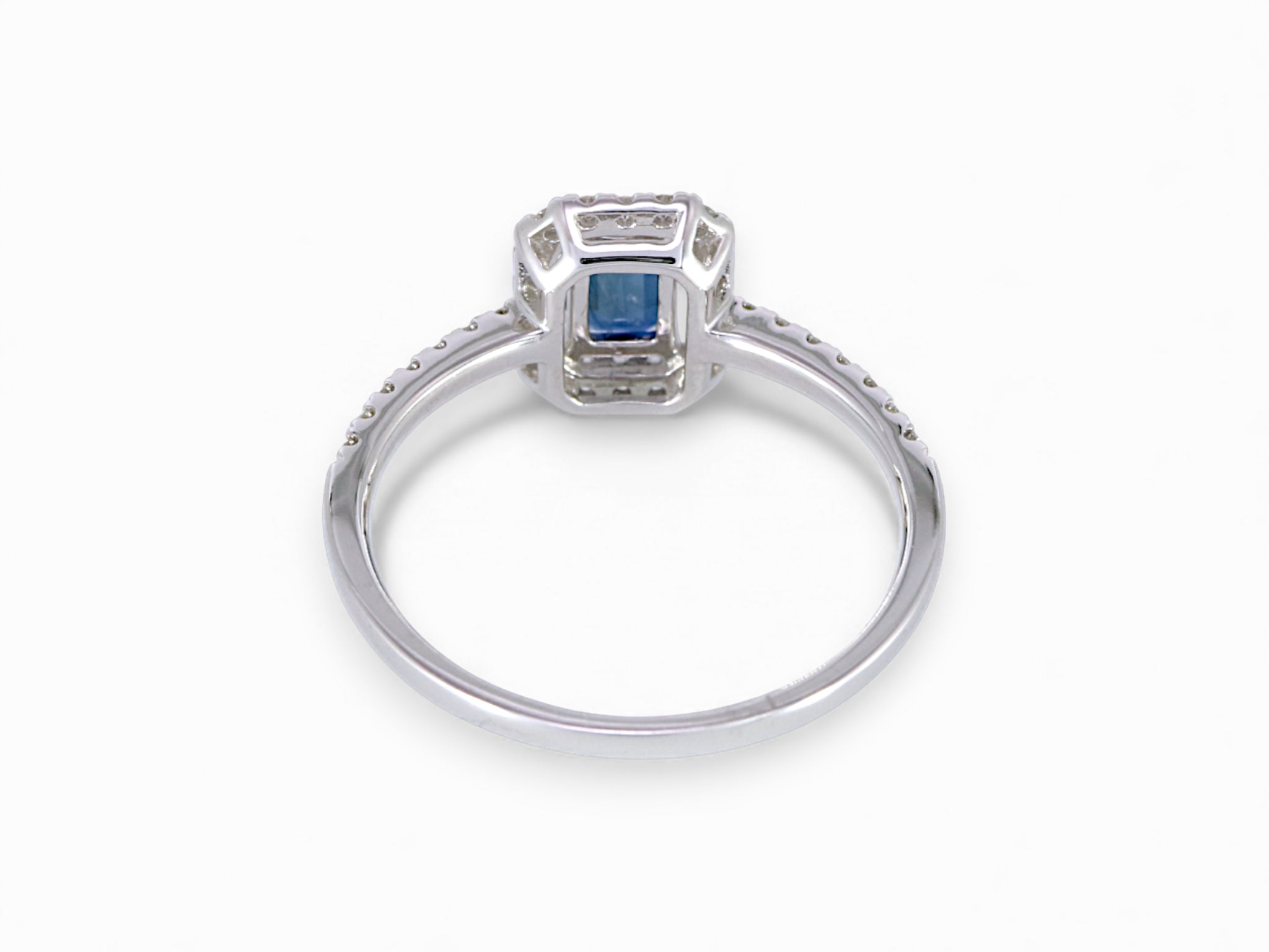 14K White Gold Baguette Cut Sapphire and Halo Diamond Engagement Ring