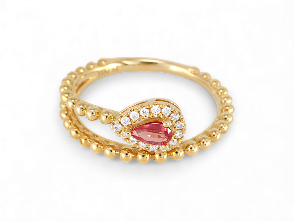 14K Yellow Gold Pear Cut Ruby with Diamond Halo Ring