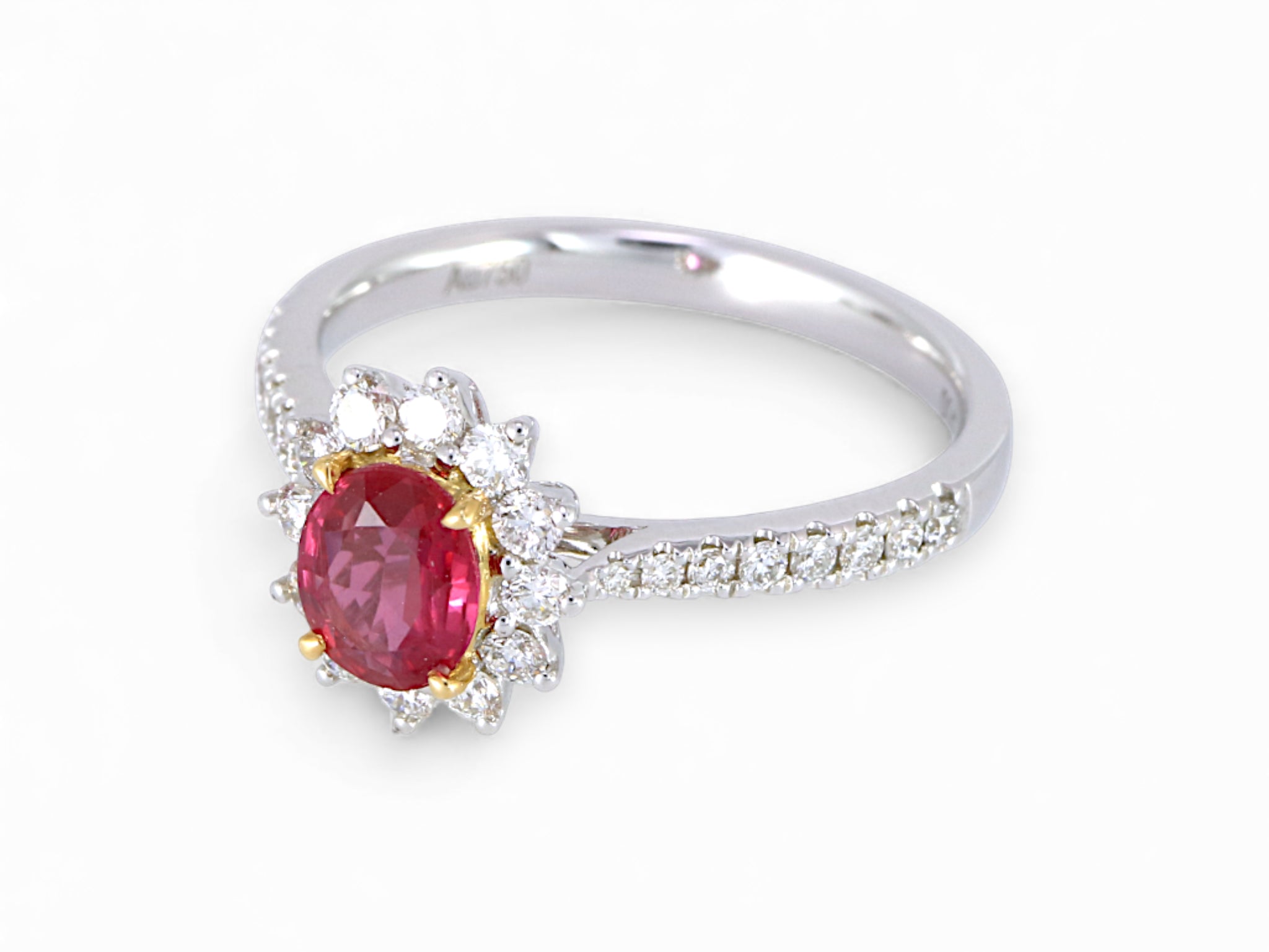 18K White and Yellow Gold Oval Cut Ruby with Diamond Halo Ring