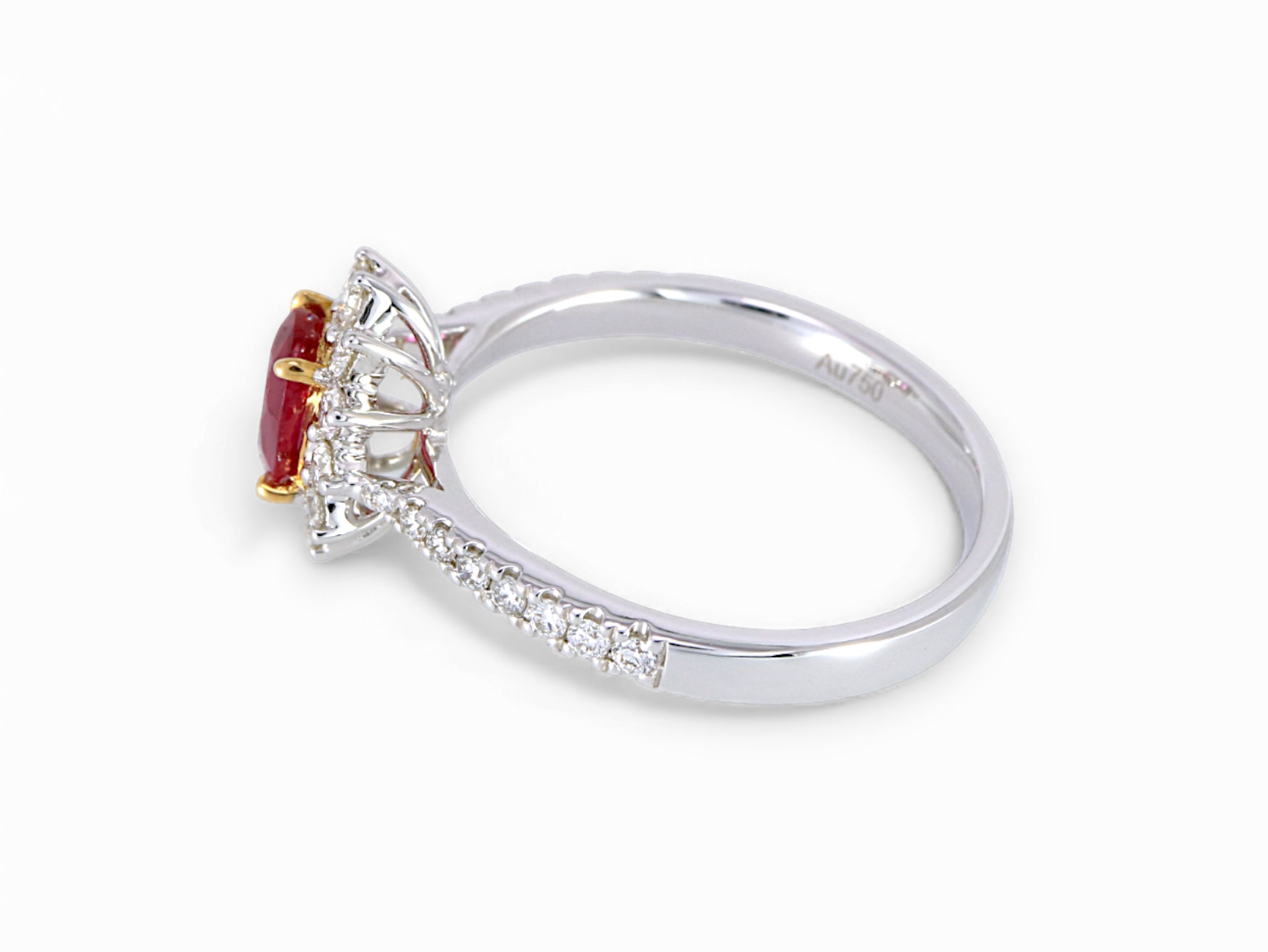 18K White and Yellow Gold Oval Cut Ruby with Diamond Halo Ring