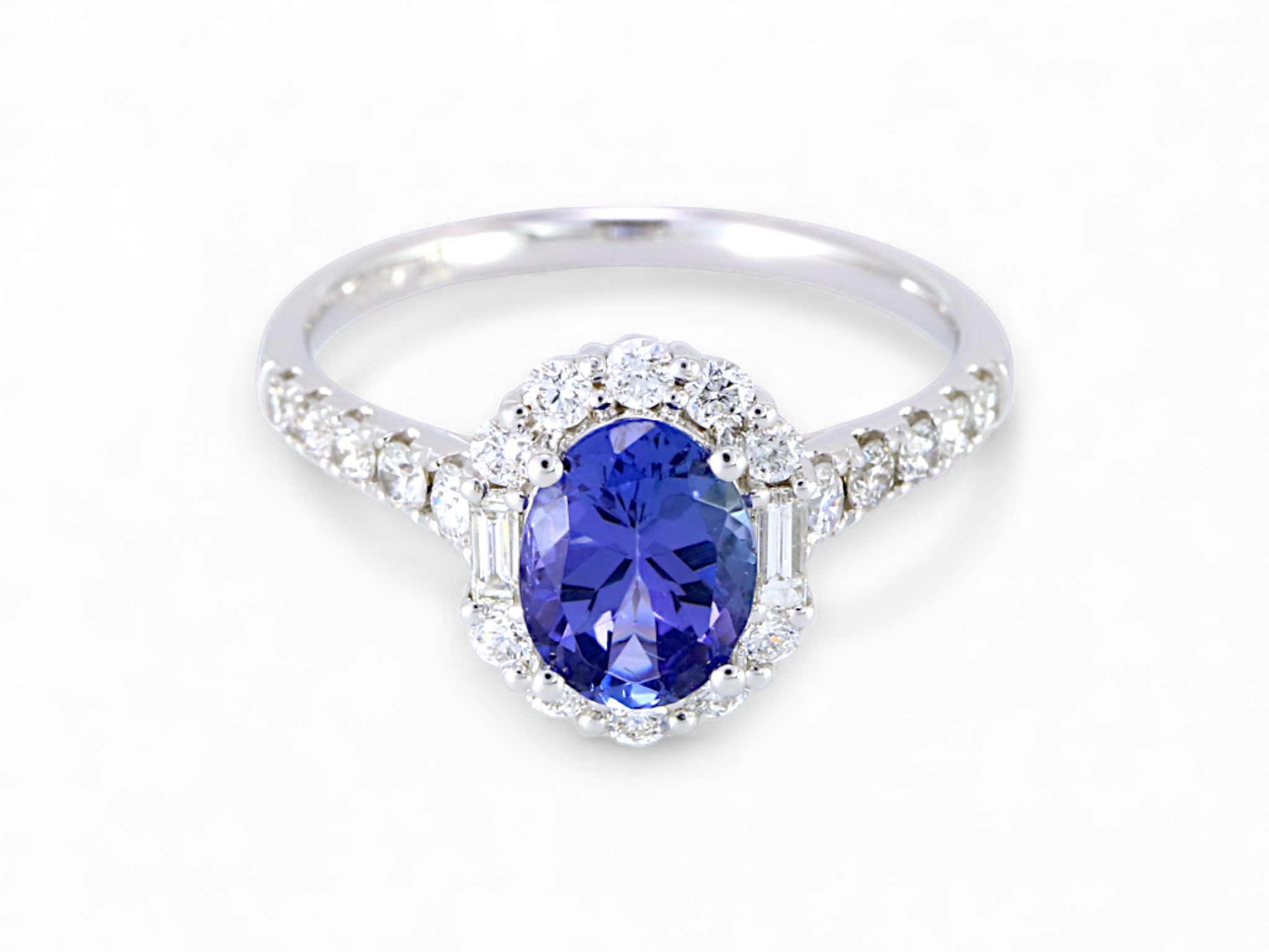 14K Yellow Gold Oval Cut Tanzanite with Baguette Diamond Halo Ring