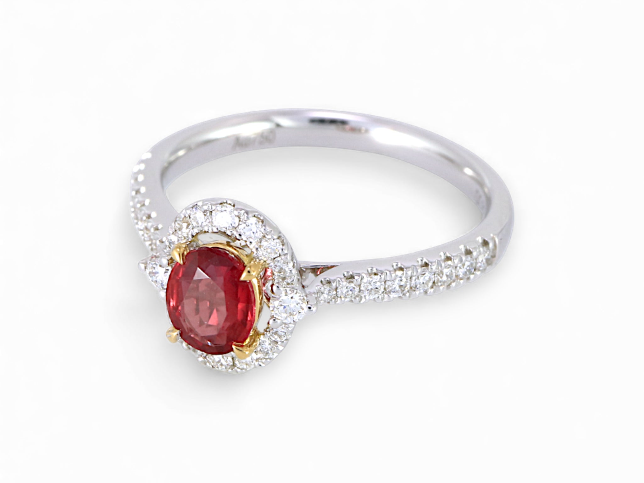 18K White and Yellow Oval Cut Ruby with Diamond Halo Ring