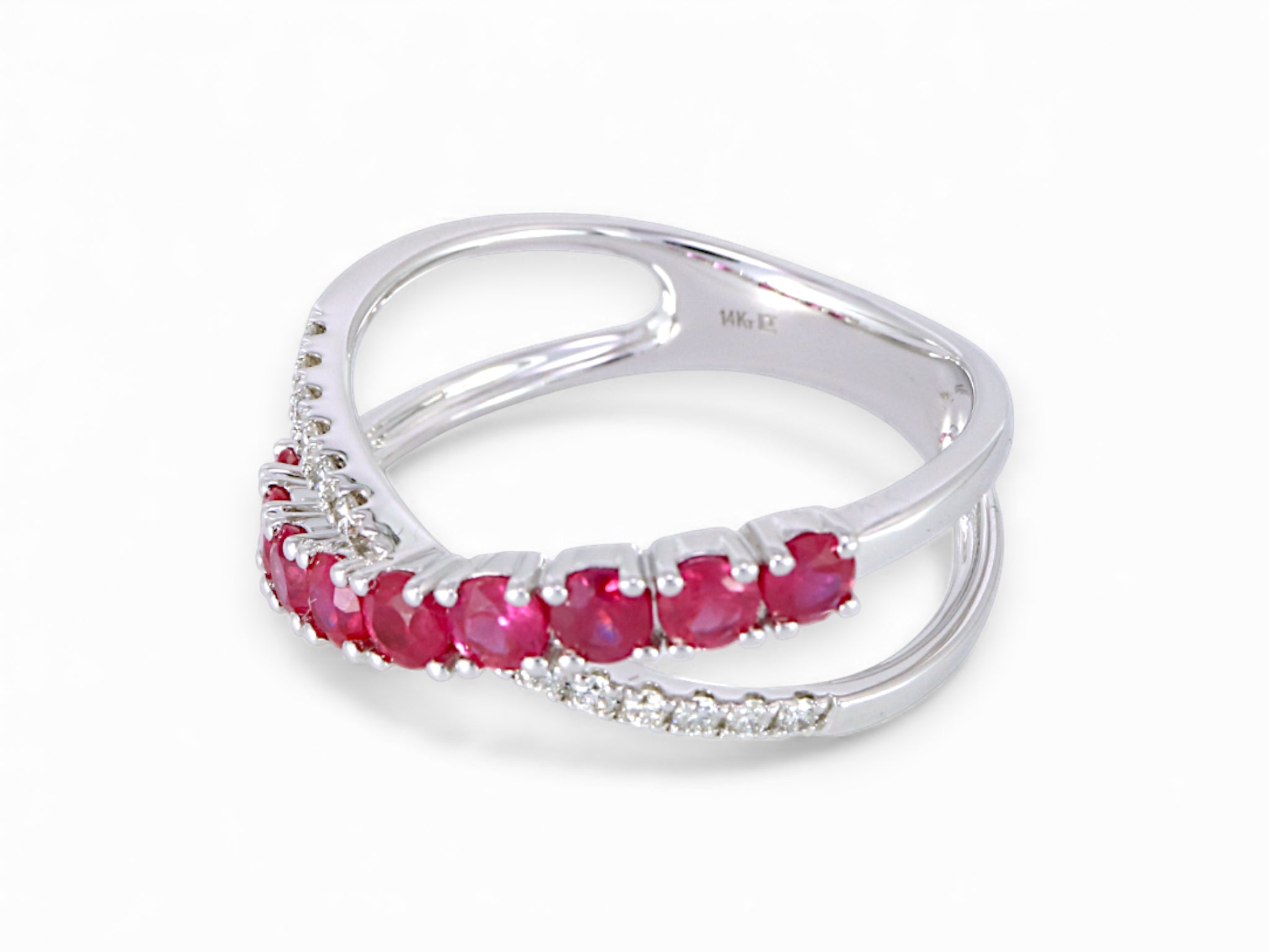 14K White Gold Ruby and Crisscross Diamond Ring